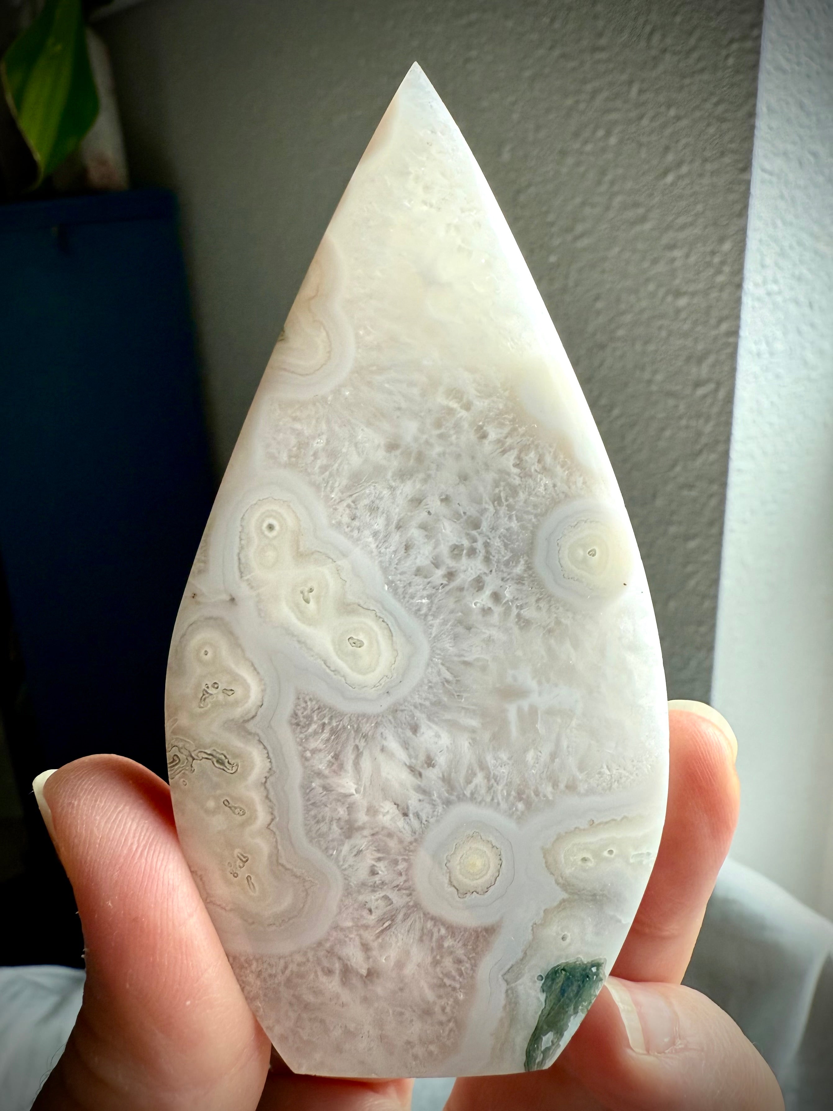 Moss Agate flame crystal for grounding and Earth connection, polished stone carving