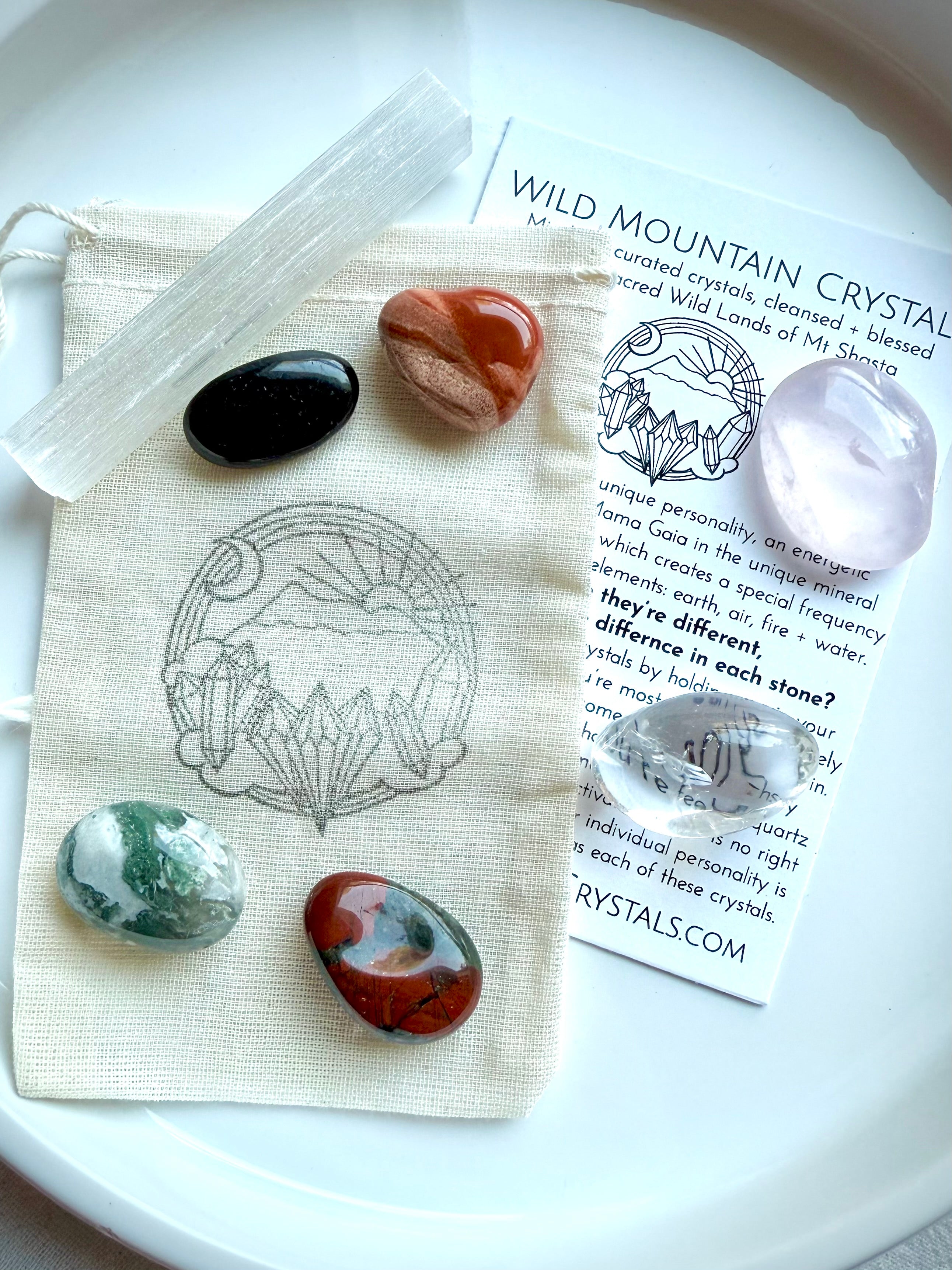 Healing crystals with cotton pouch and crystal info card from Get Well Crystal Set