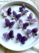 Lepidolite crystal butterflies in purple and lavender with natural white patterns, polished crystal carvings for gifts and spiritual healing