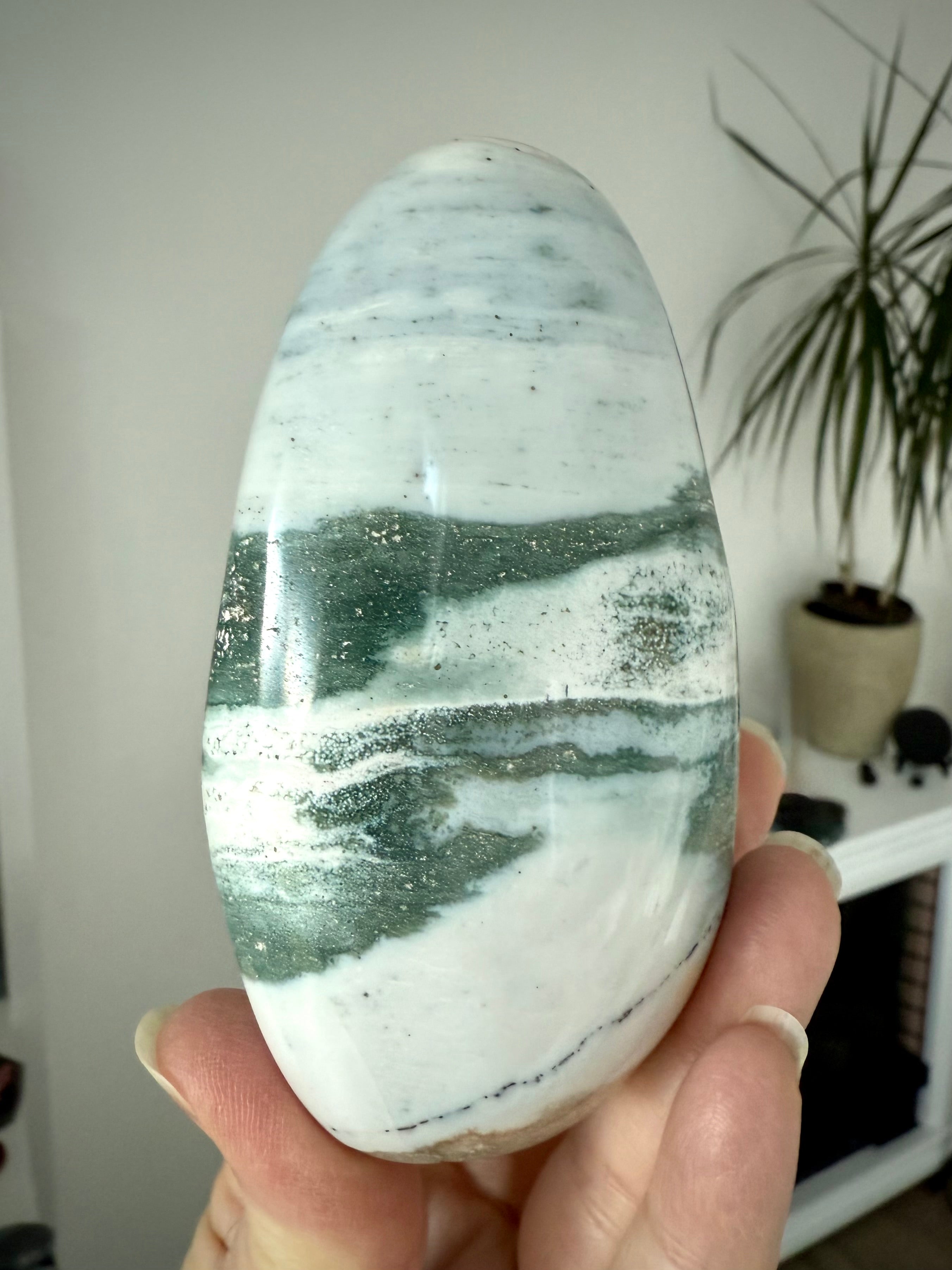 A rare Blue Ocean Jasper Freeform with druzy + swirling teal, green, bluish gray + white patterns
