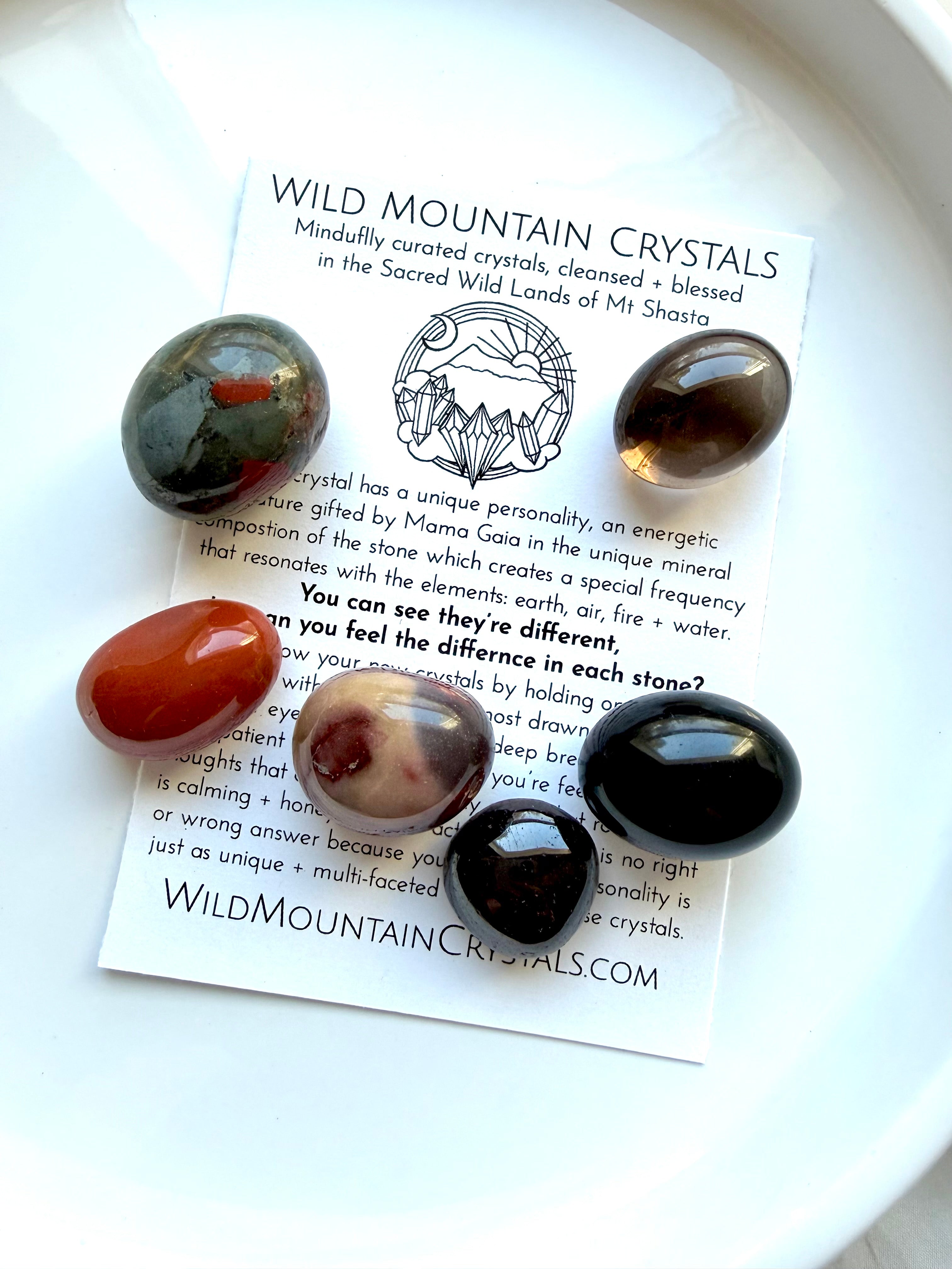 Root Chakra Crystal Set gift with six grounding stones to support stability, safety, protection, and connection to the Earth