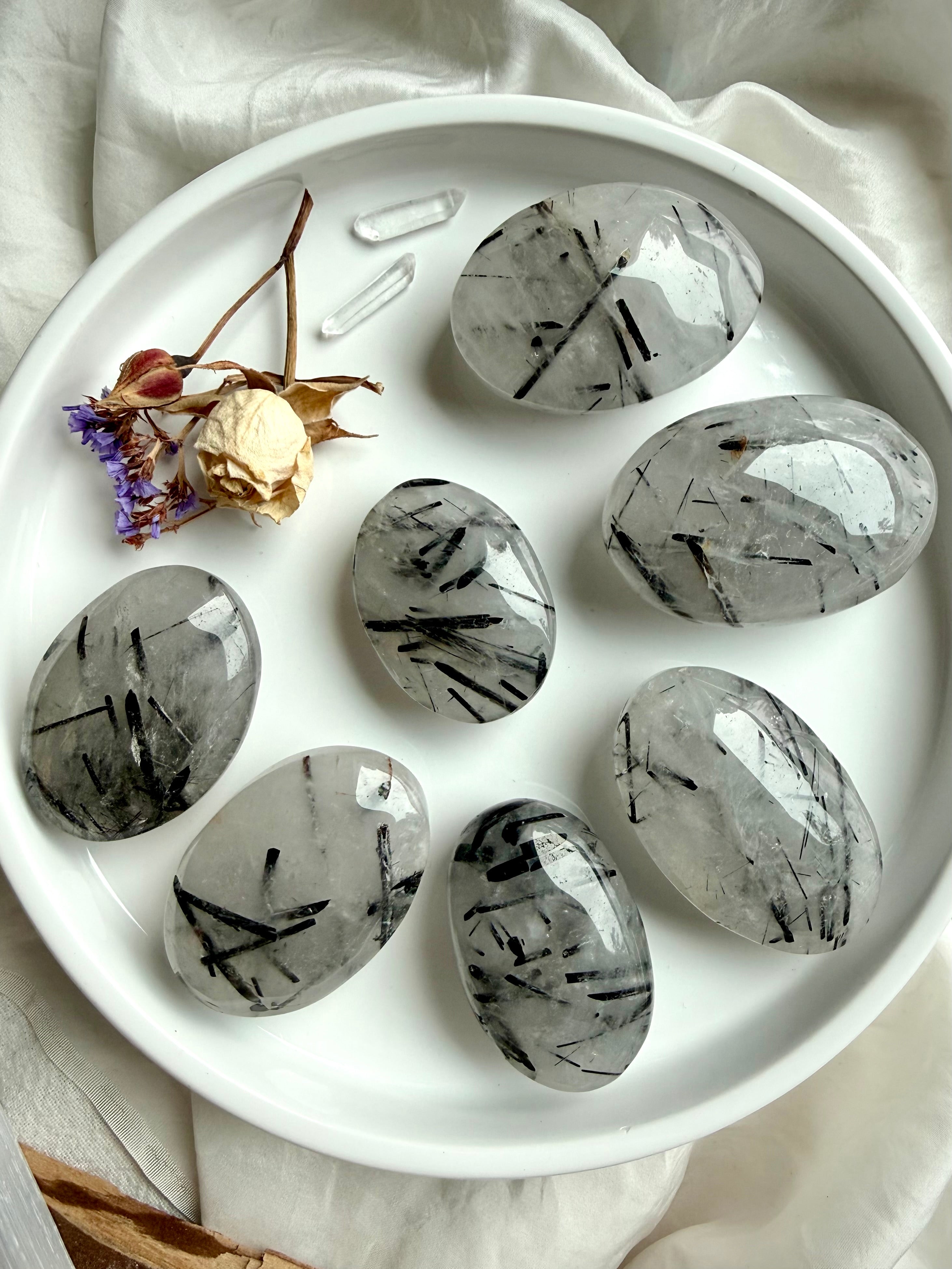 Black Tourmaline in Quartz palm stones choose your own Tourmalinated Quartz crystals for protection and grounding
