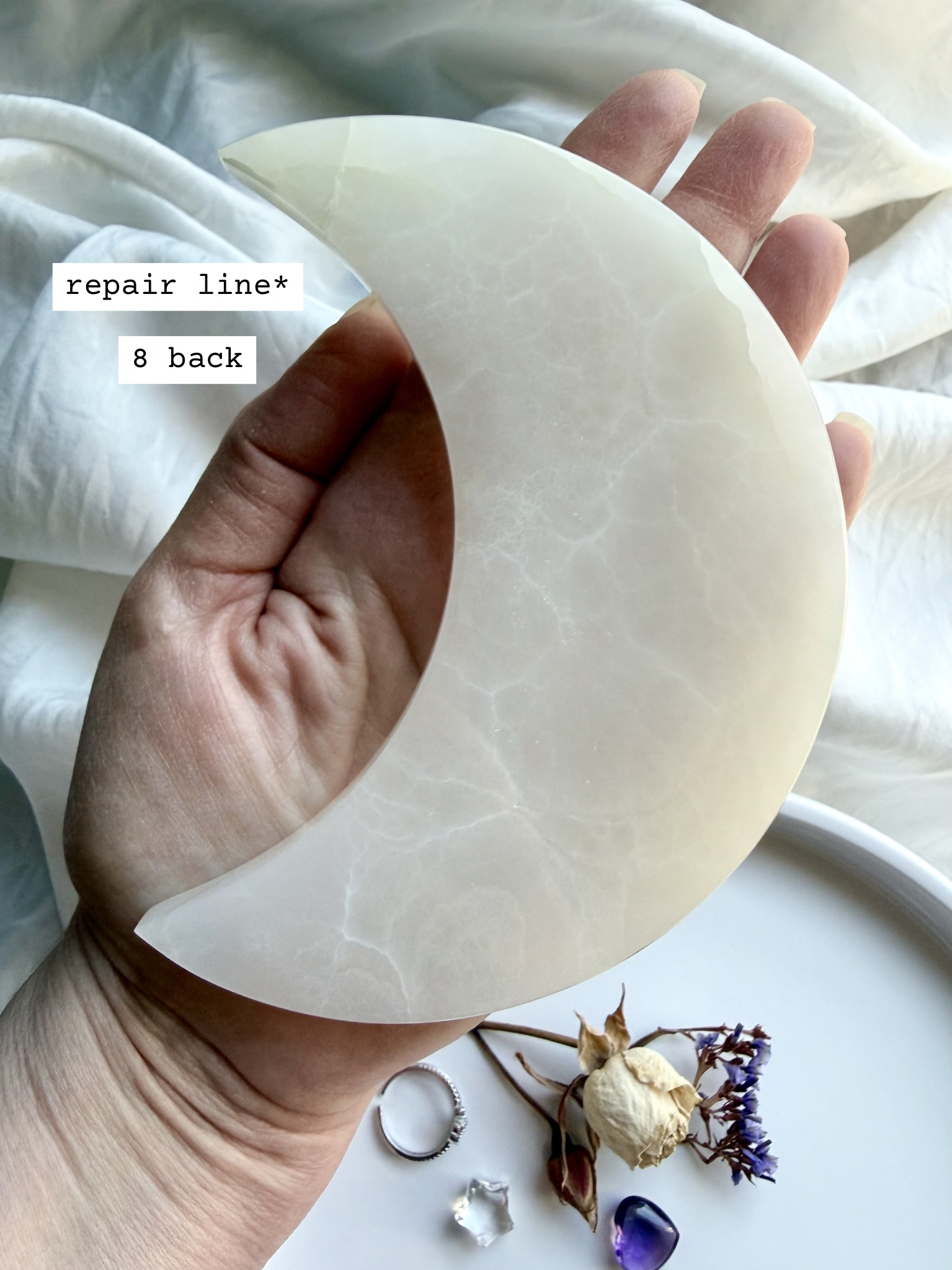 white onyx crescent moon plate # 8 front translucent crystal moon dish for jewelry display and altar