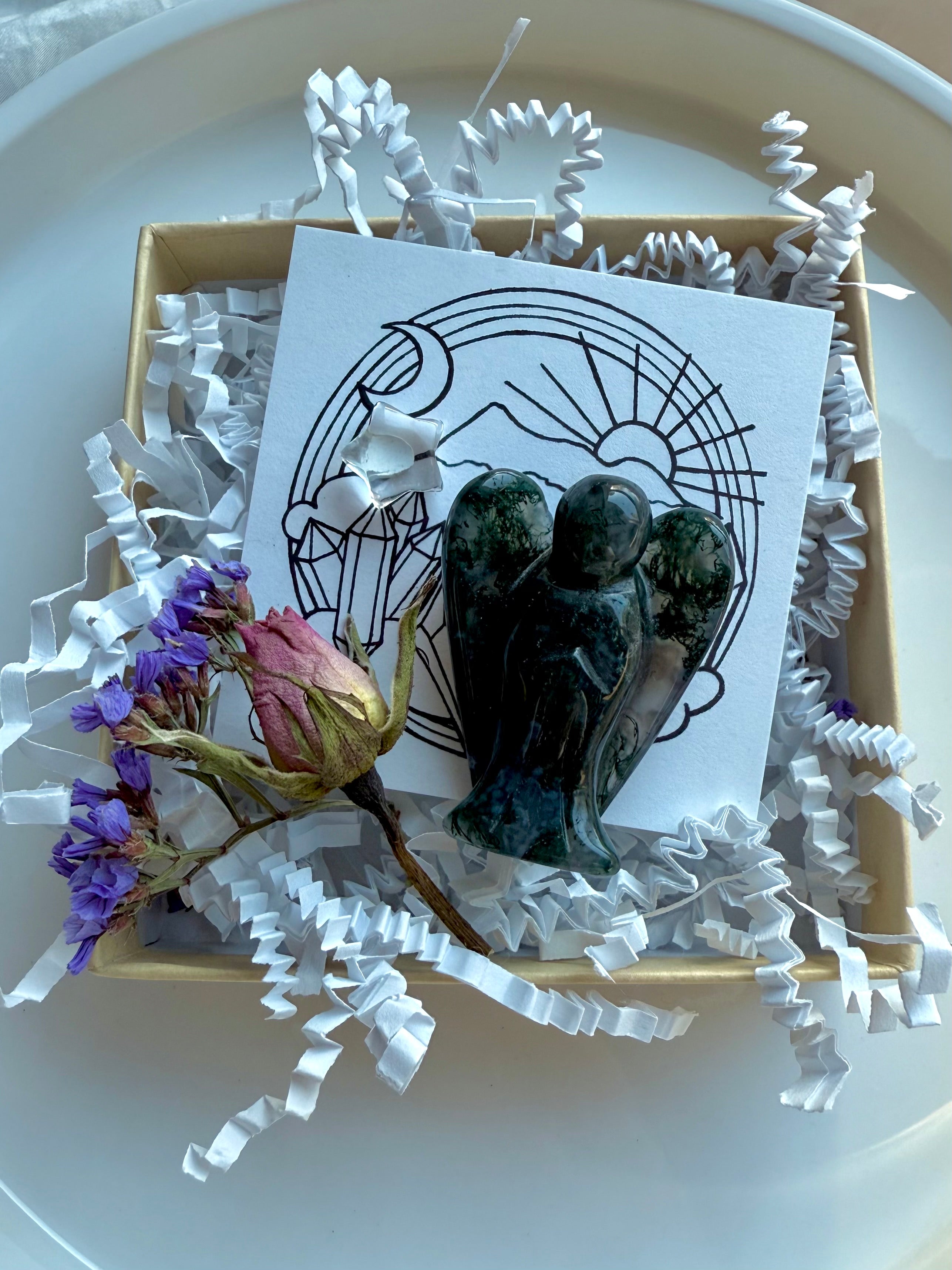 Moss Agate Angel Gift Set with Clear Quartz star, mini flower bouquet, and affirmation card in kraft jewelry box.