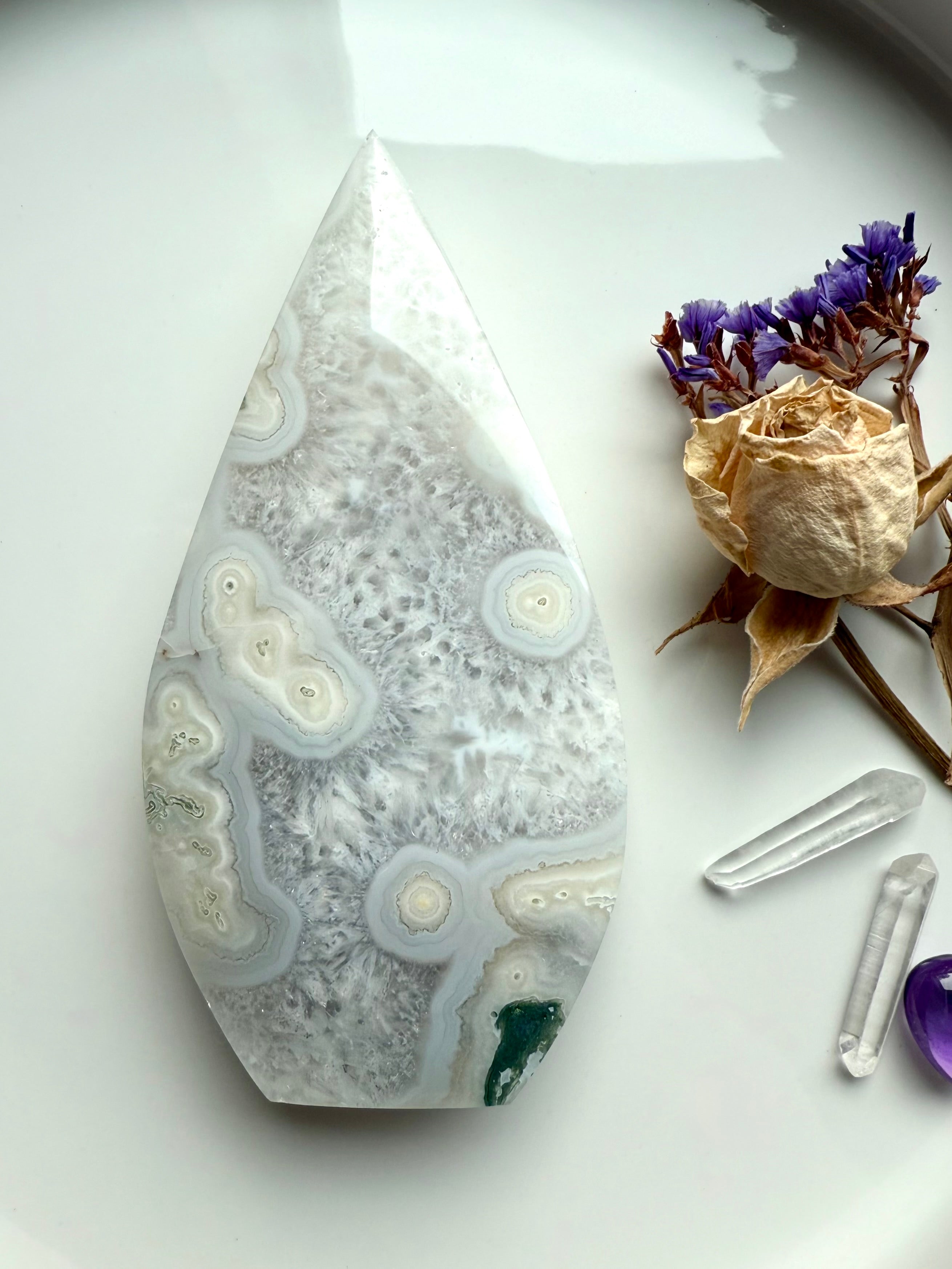 White orbicular Moss Agate flame with quartz inclusions, one of a kind polished crystal carving