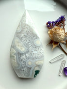 White orbicular Moss Agate flame with quartz inclusions, one of a kind polished crystal carving