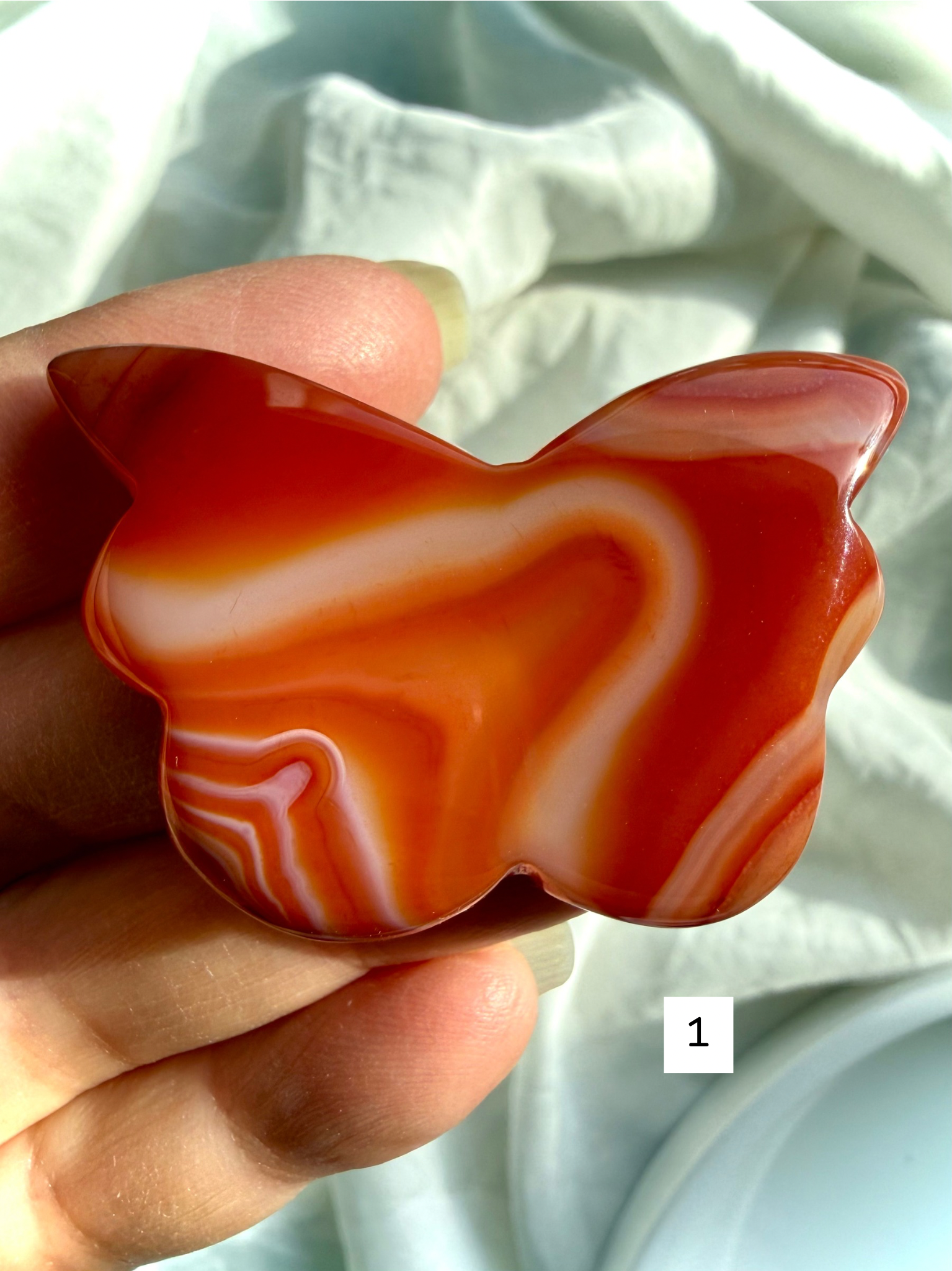 Carnelian Butterfly crystal carving number 1 with vibrant red and orange banding
