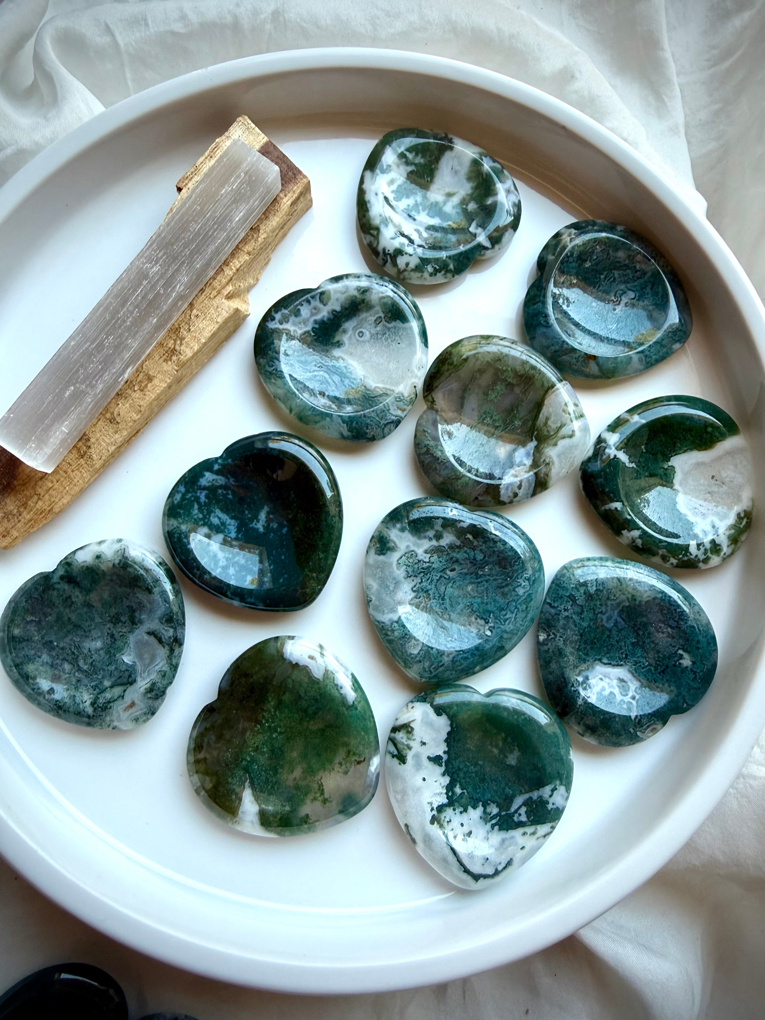 Moss Agate heart worry stones with forest green inclusions for growth, abundance and new beginnings