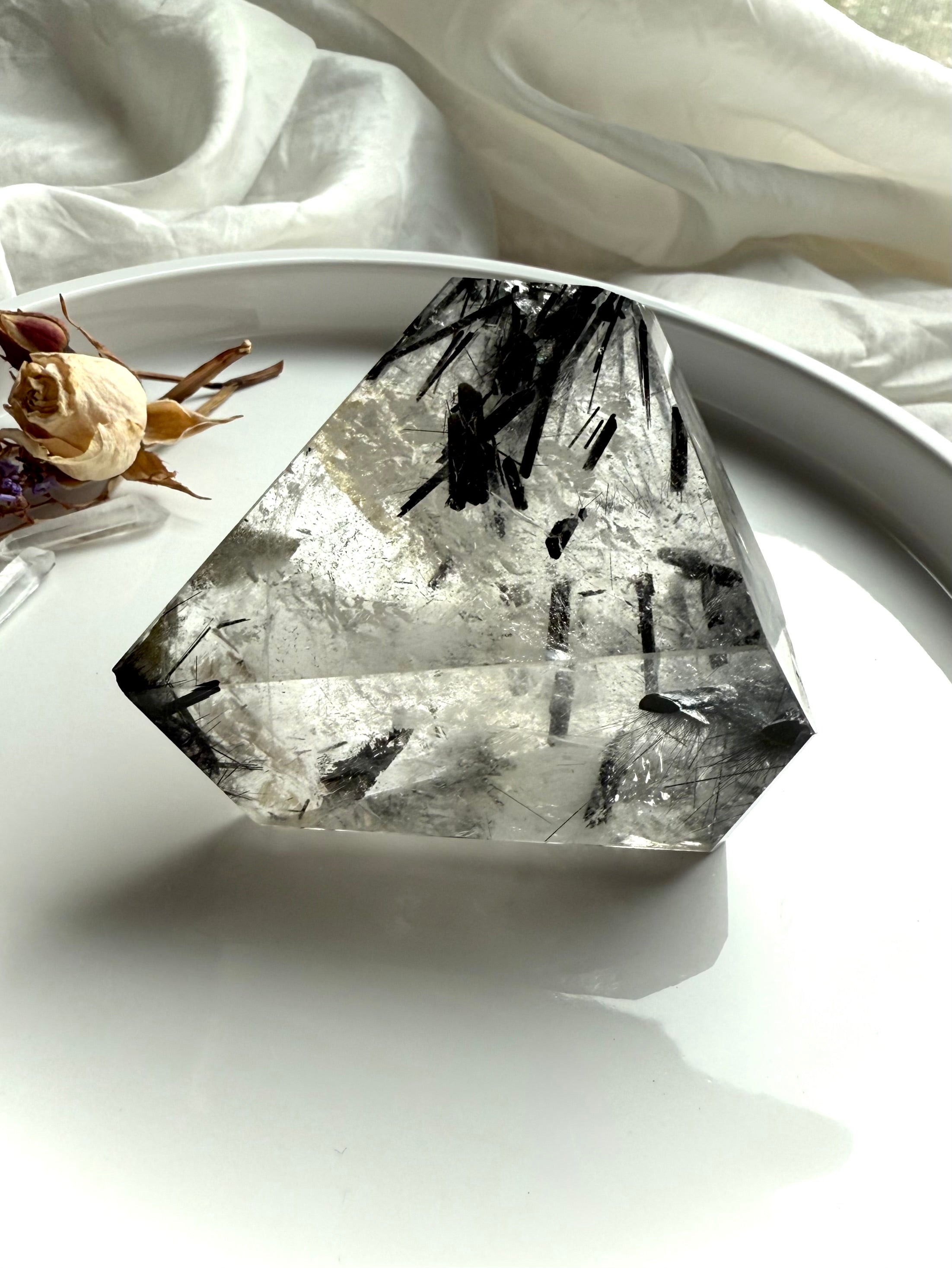Protective Black Tourmaline in Quartz freeform crystal displayed for meditation and energy work
