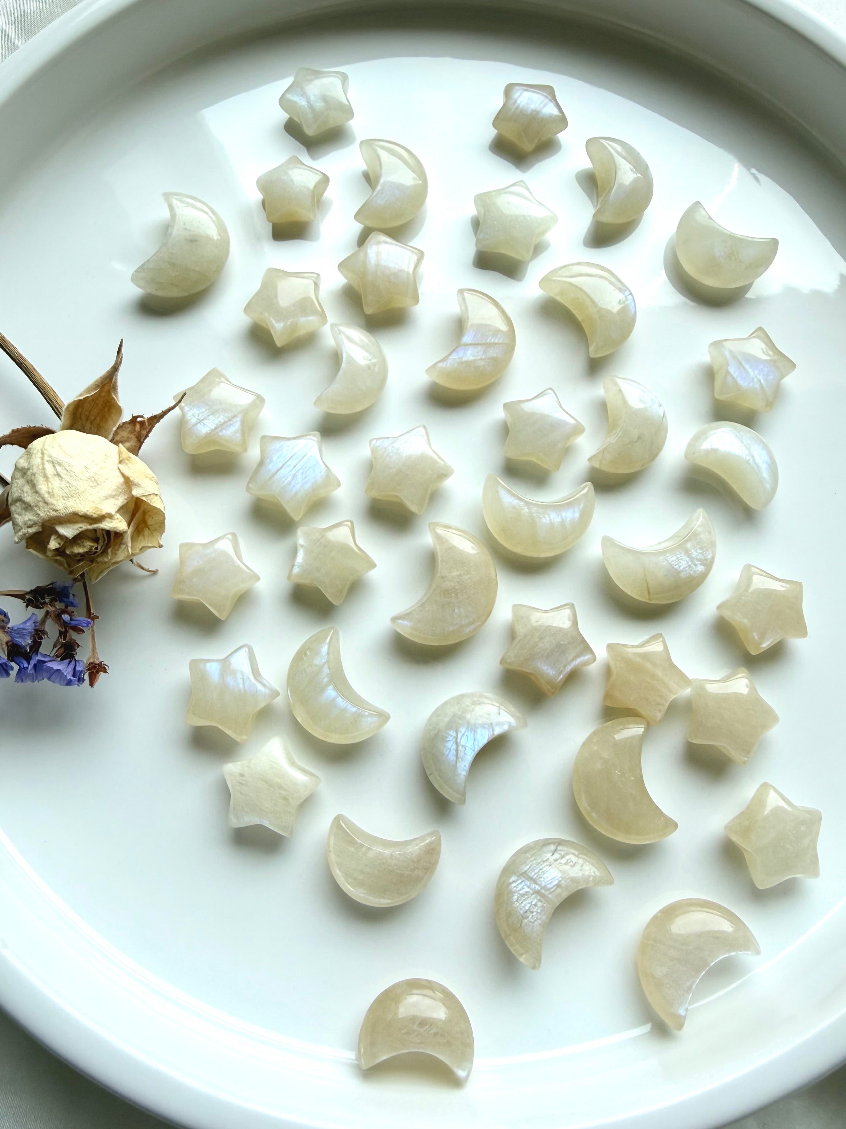 Mini Moonstone moons and stars for moon rituals, crystal grids, and altar decor