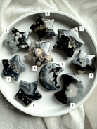 black flower agate moon and star carvings choose your own crystal set with natural white floral plume patterns marked with options 1-9