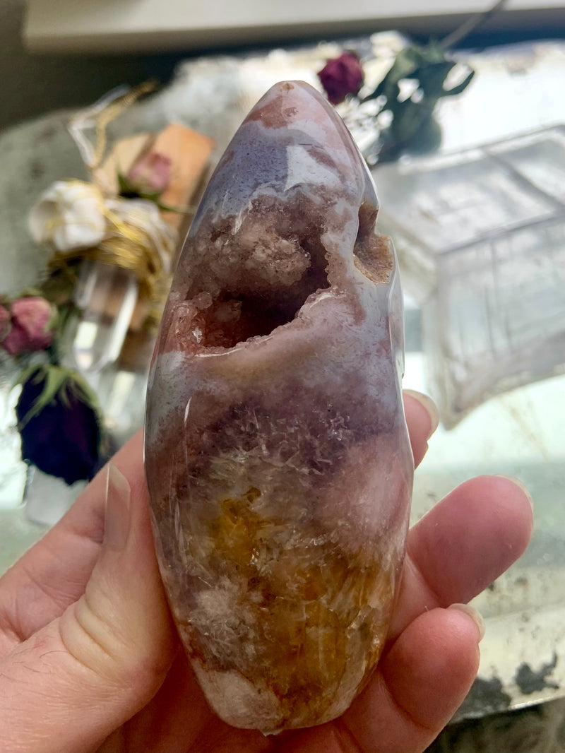 Pink Amethyst Flower Agate Geode with Stand