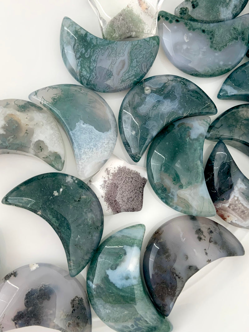 Moss Agate Crescent Moons