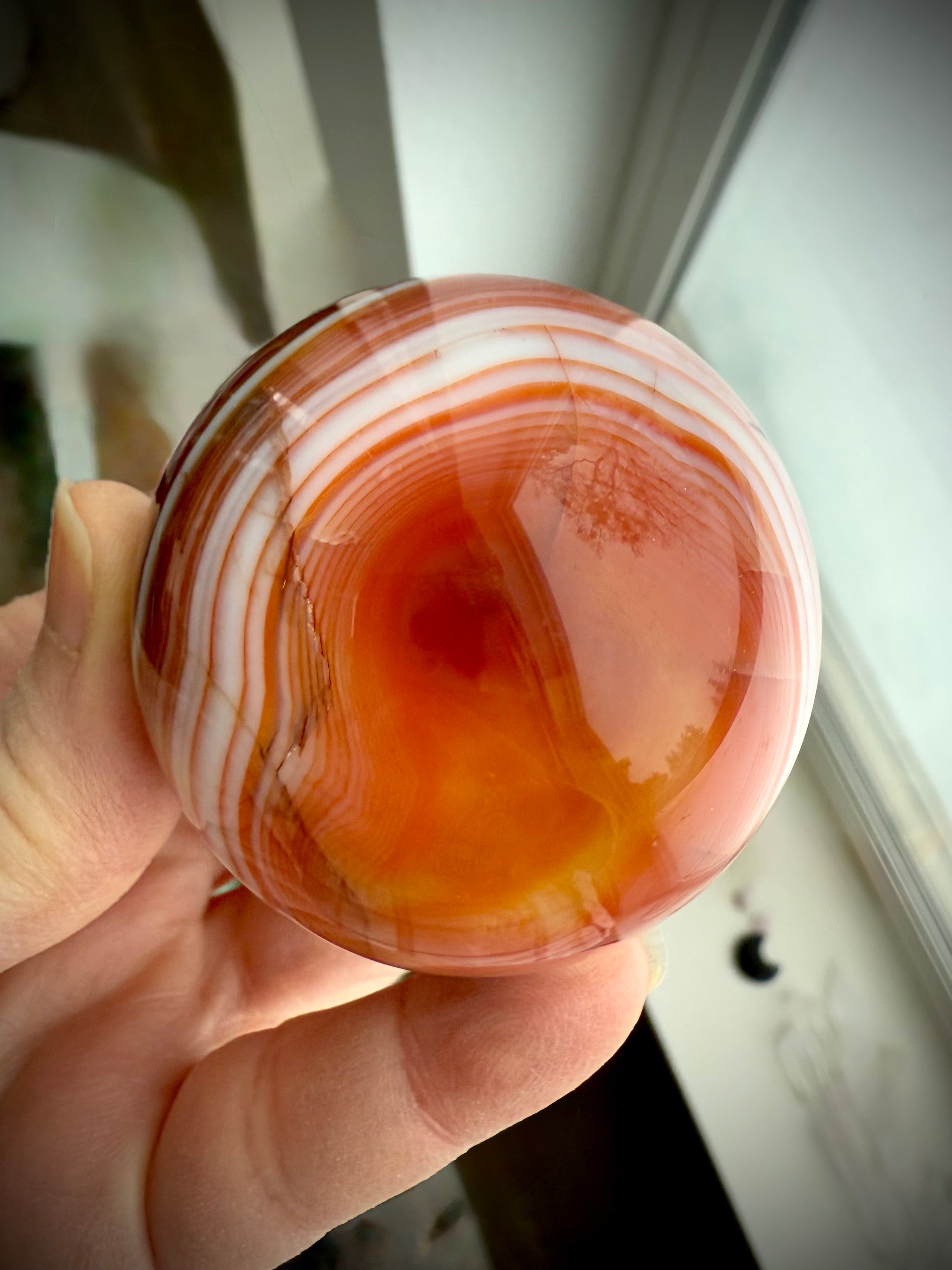 A stunning carnelian sphere with vibrant reddish orange colors + contrasting white banding