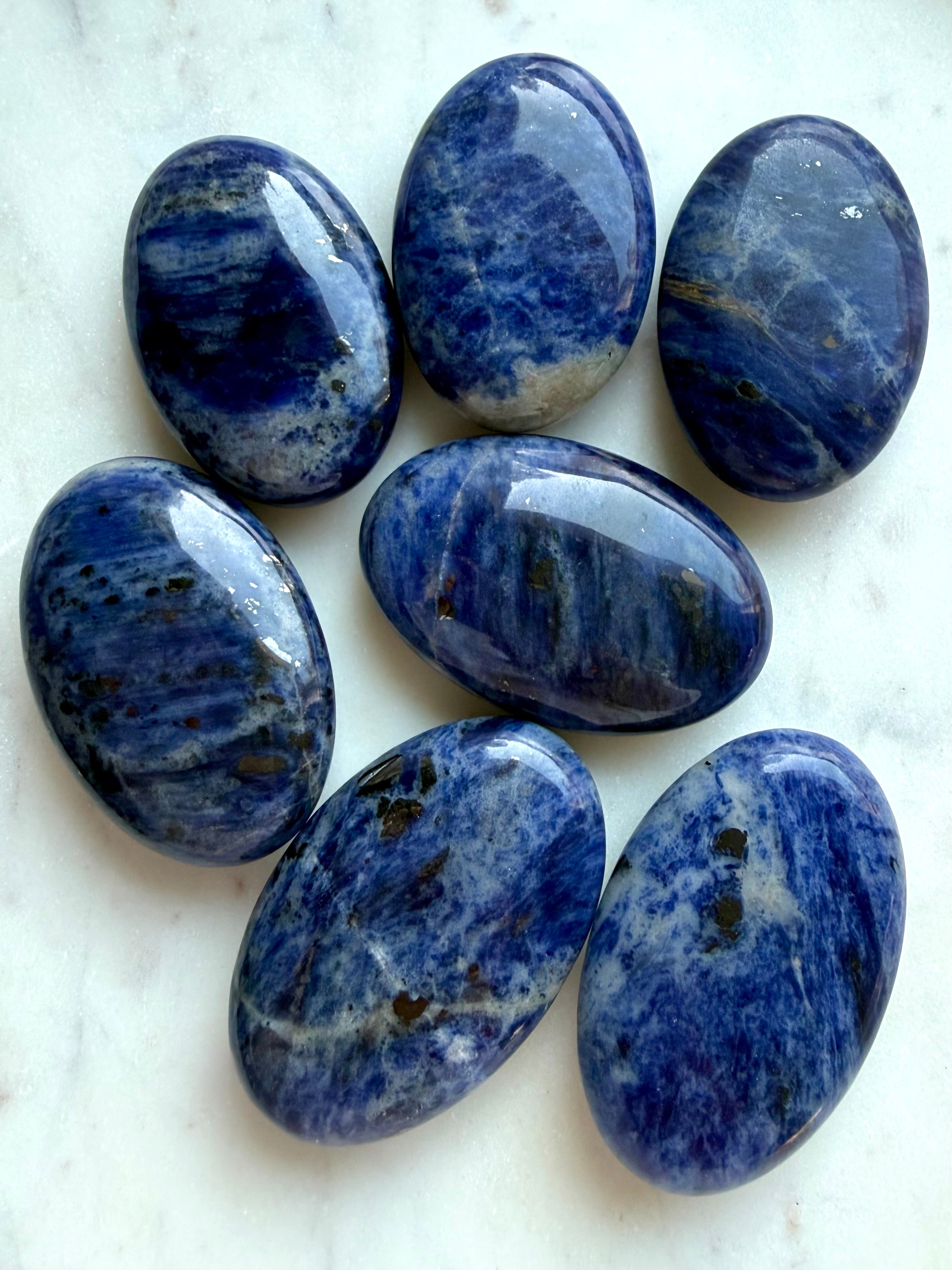Blue Sodalite palm stones for Throat Chakra healing, communication, inner wisdom, and meditation