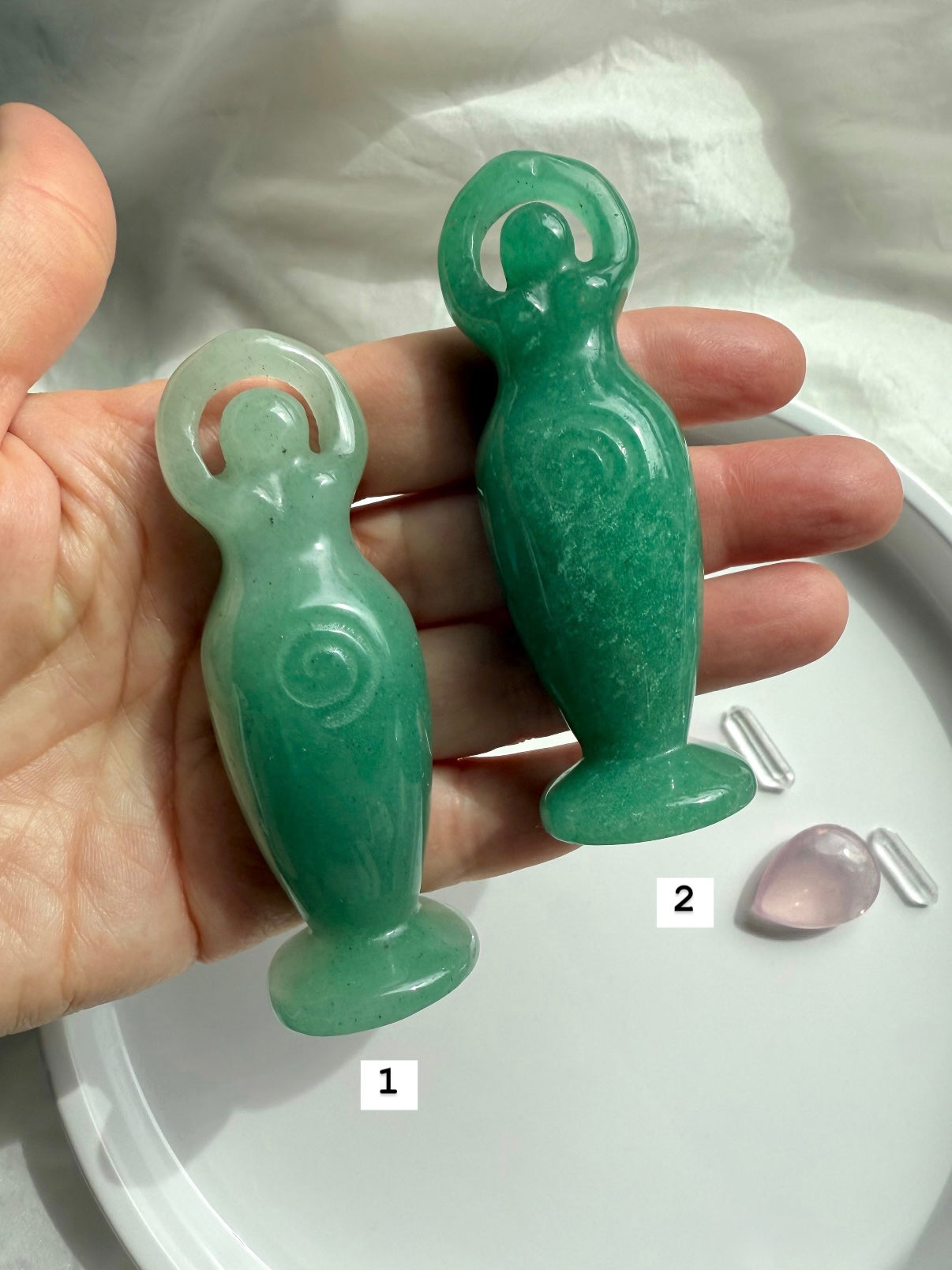 Green Aventurine Crystal Goddess Figurines shown on my hand for scale, pick your favorite