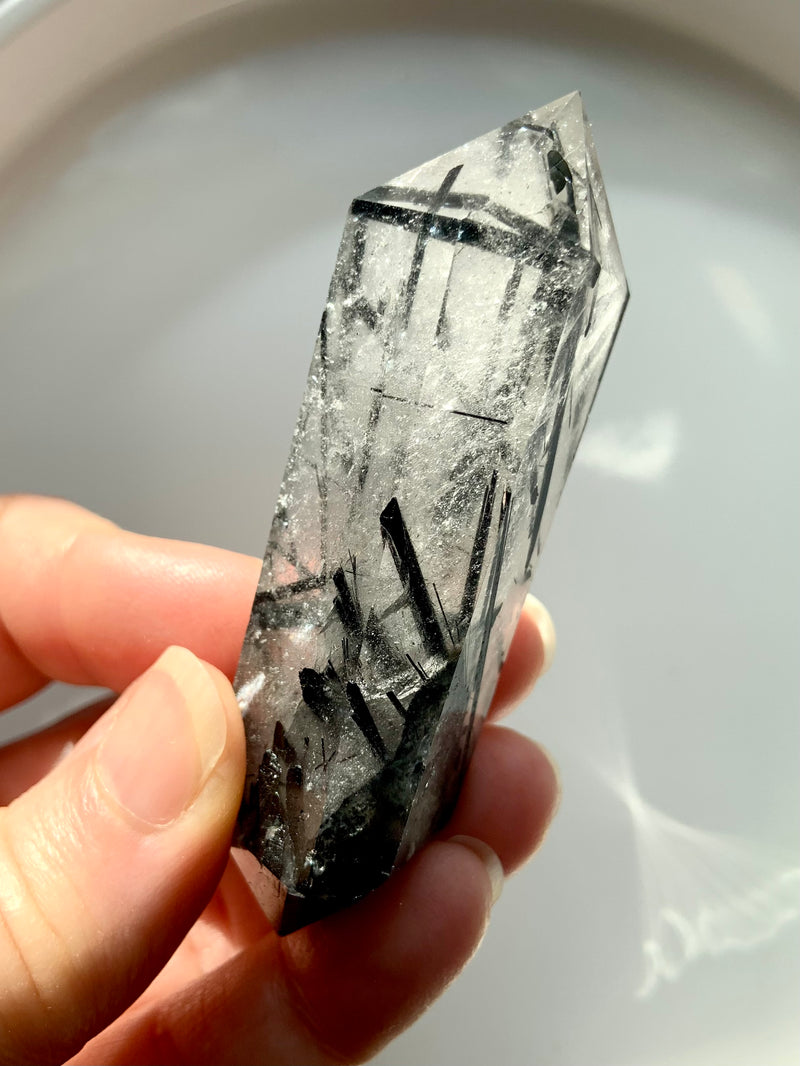 Black Tourmaline in Quartz Double Terminated Crystal Point shown held up in natural light on a light background.