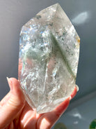 A Garden Quartz Lodolite Crystal with chlorite phantoms, mossy mineral inclusions + tons of rainbows