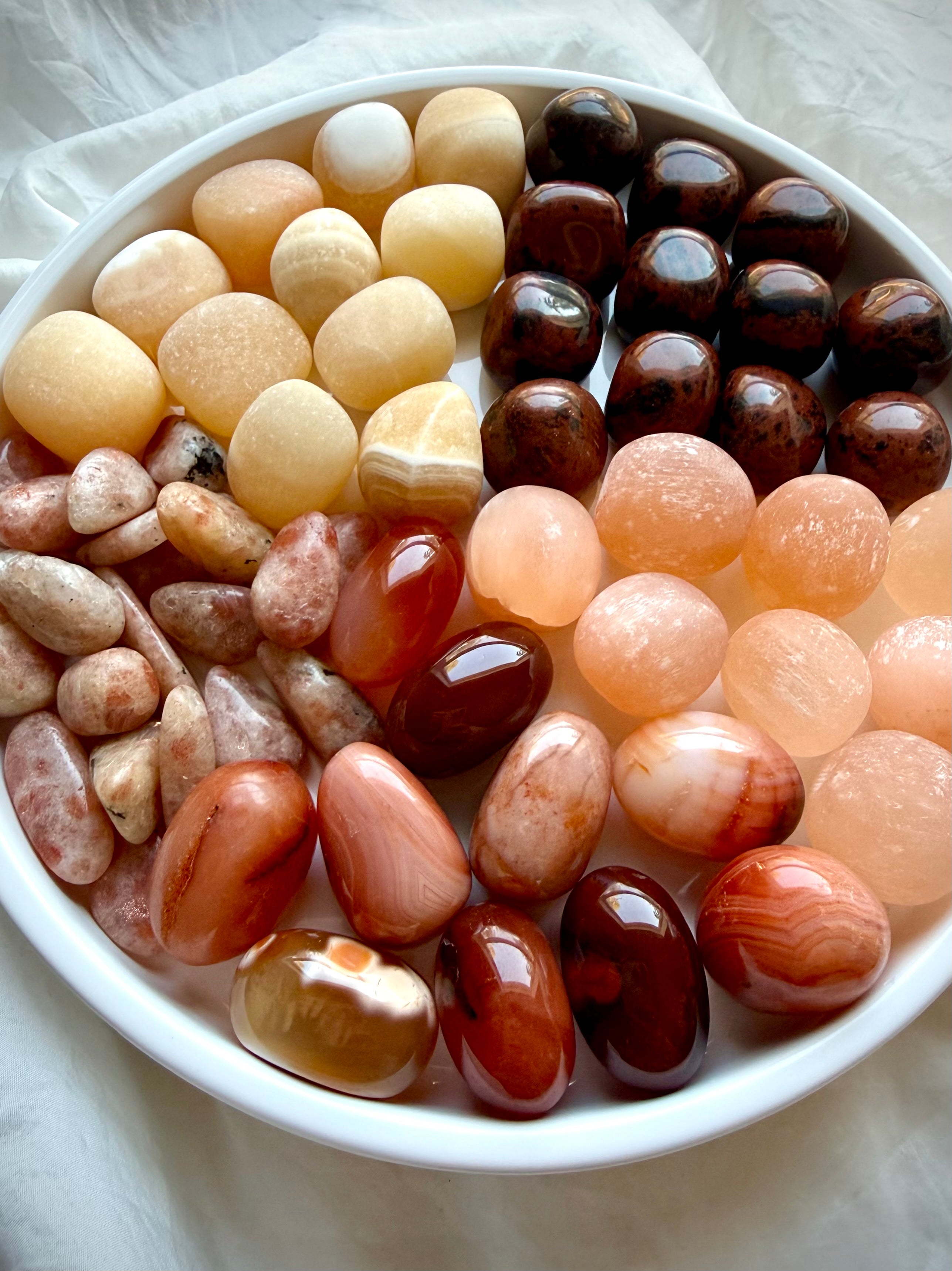 Sacral Chakra crystal set with Orange Calcite, Carnelian, Peach Selenite, Mahogany Obsidian, and Sunstone