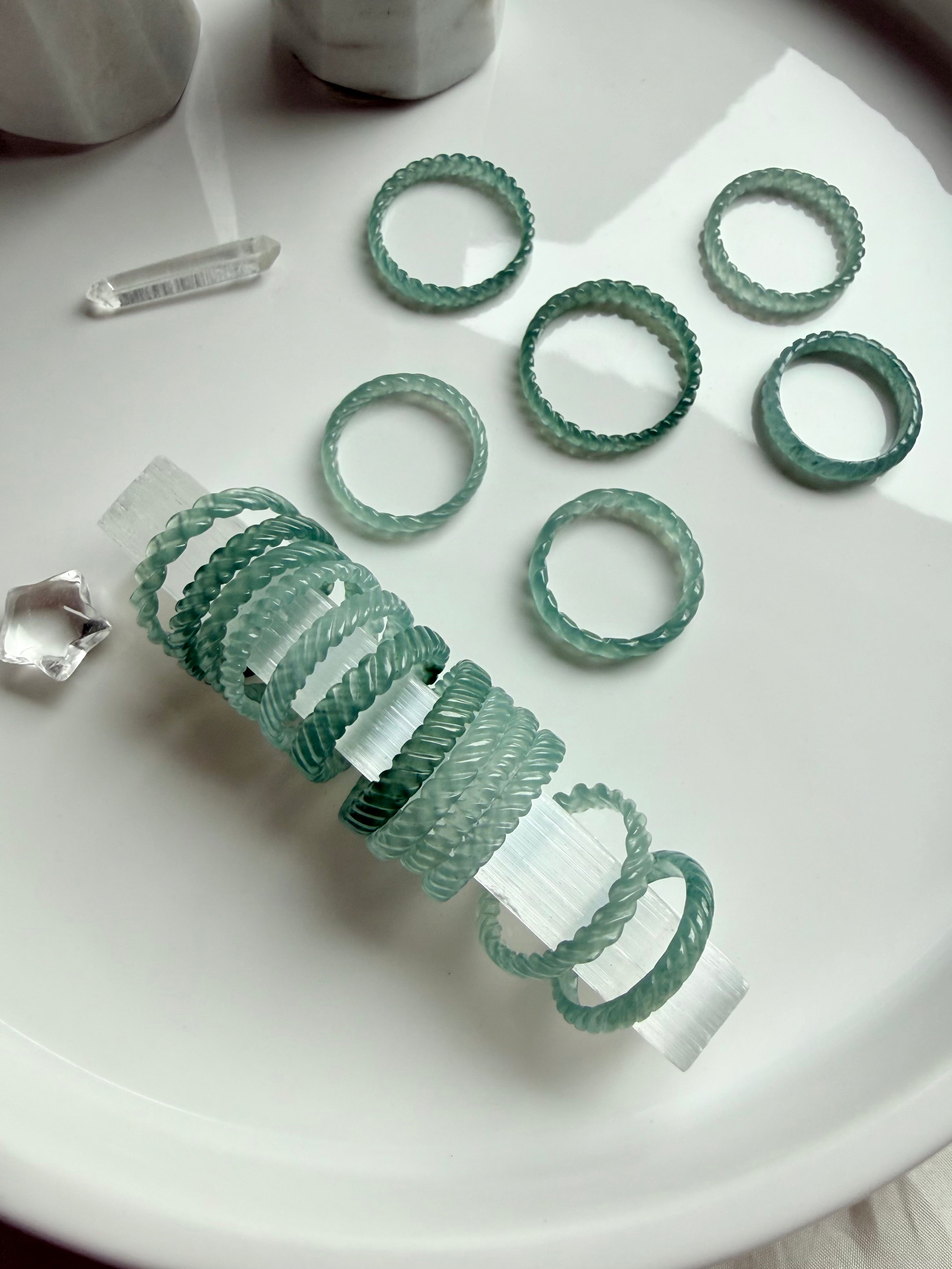 High-Transparency Blue Water Jade Ring – Premium Grade Guatemalan Jadeite woven band with luminous glow and braided detail