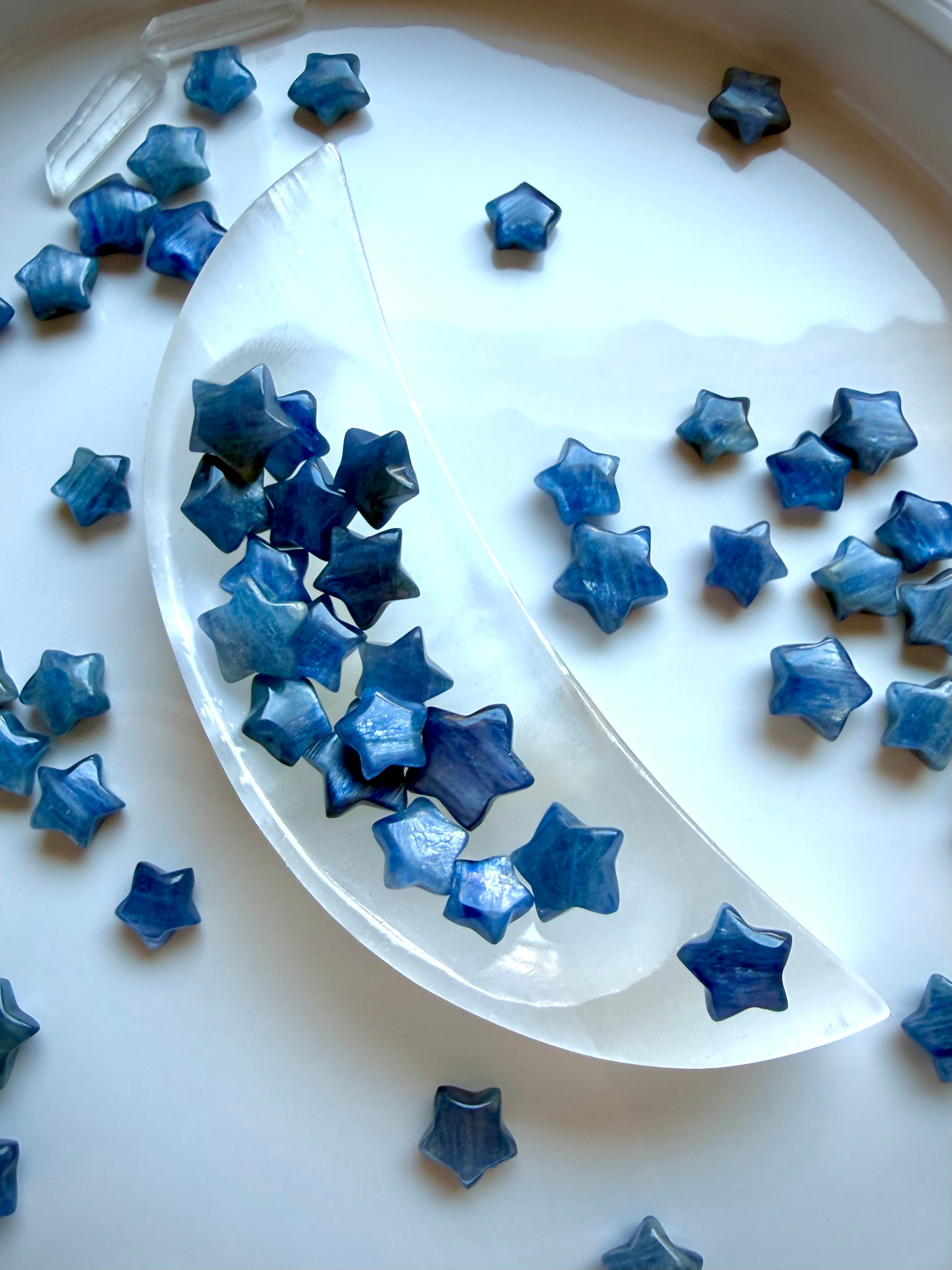 Blue Kyanite star crystals with sky blue, cobalt, and sapphire color variations in a selenite moon bowl
