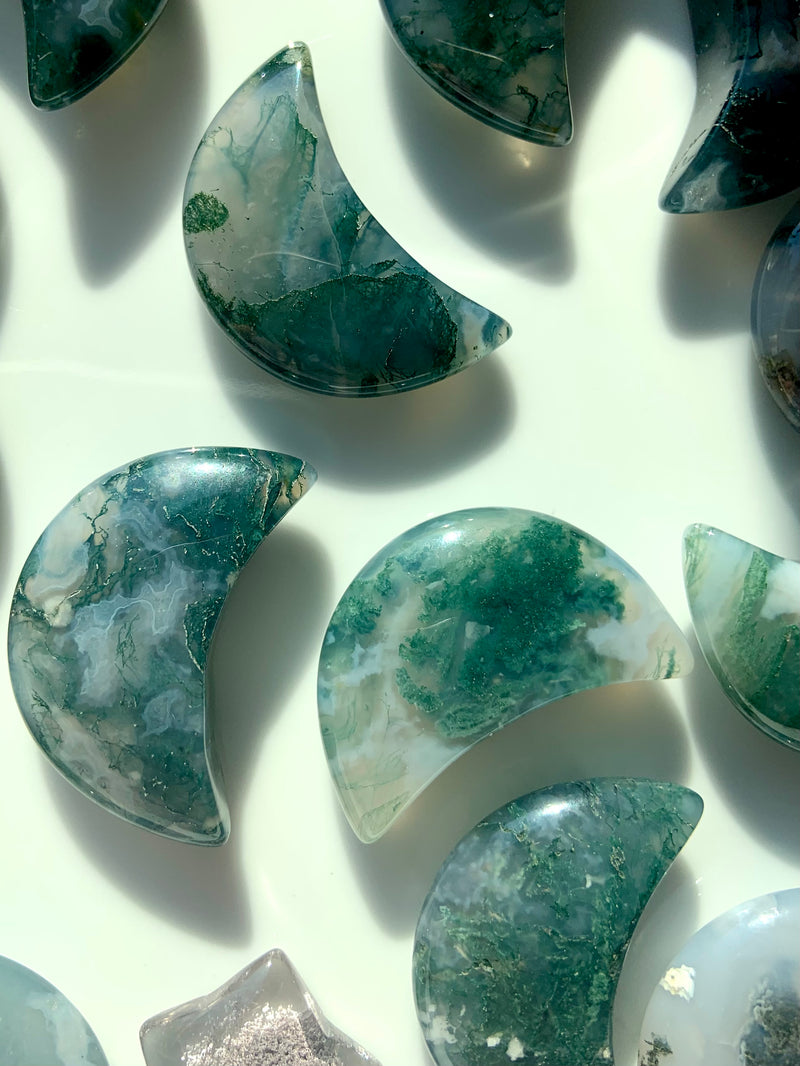 Moss Agate Crescent Moons