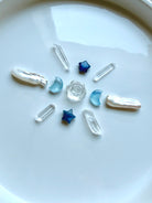 Crystal grid with Baroque Stick Pearls, Aquamarine moons, blue stars and Clear Quartz points