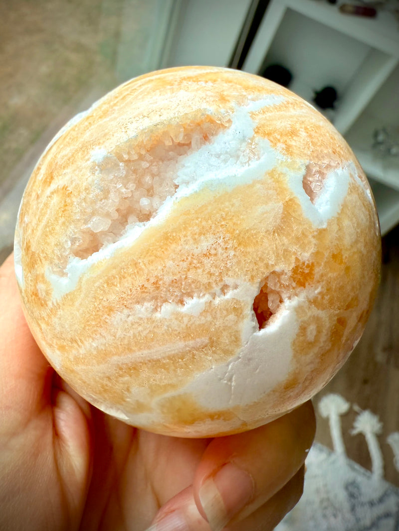 Druzy Orange Calcite Sphere with Stand