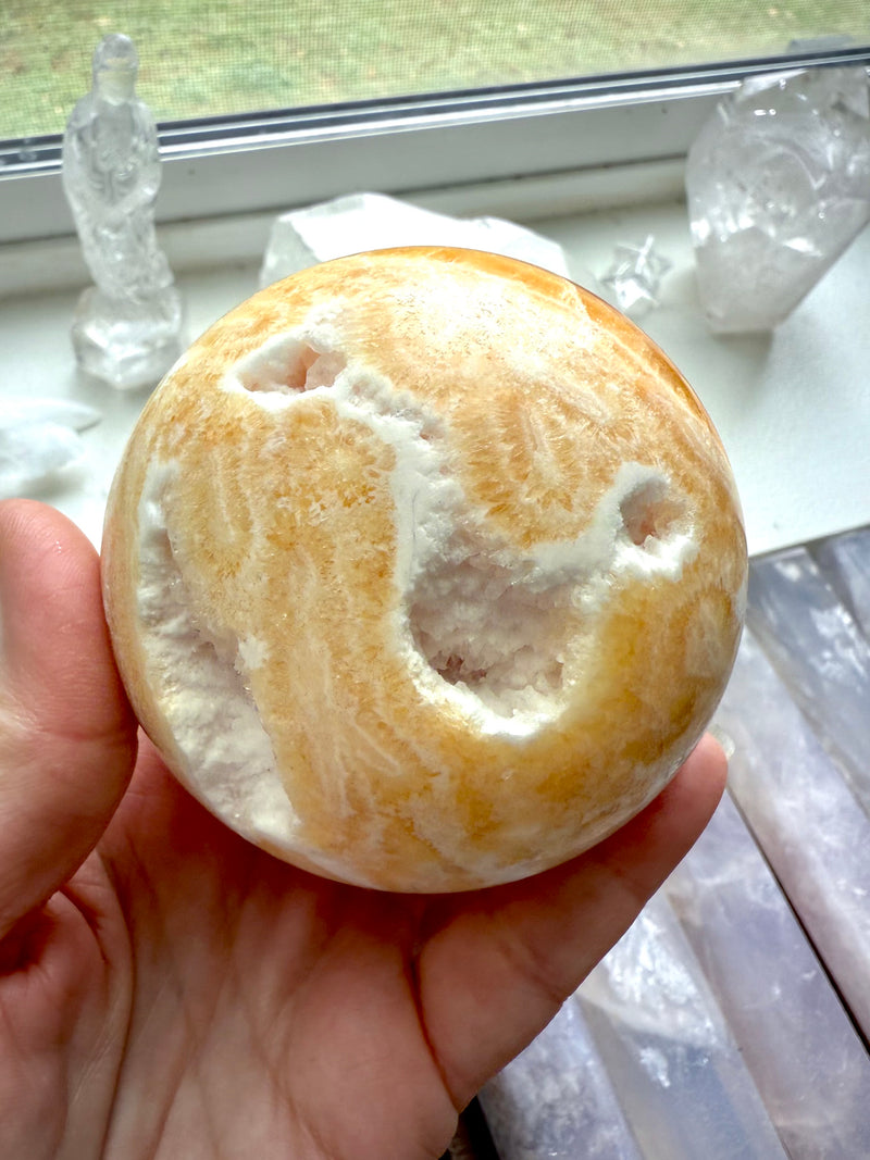Druzy Orange Calcite Sphere with Stand