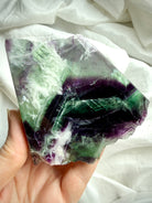 One of a kind green and purple fluorite slab with rainbow flashes and scolecite snowflake inclusions – crystal for clarity, intuition + calm