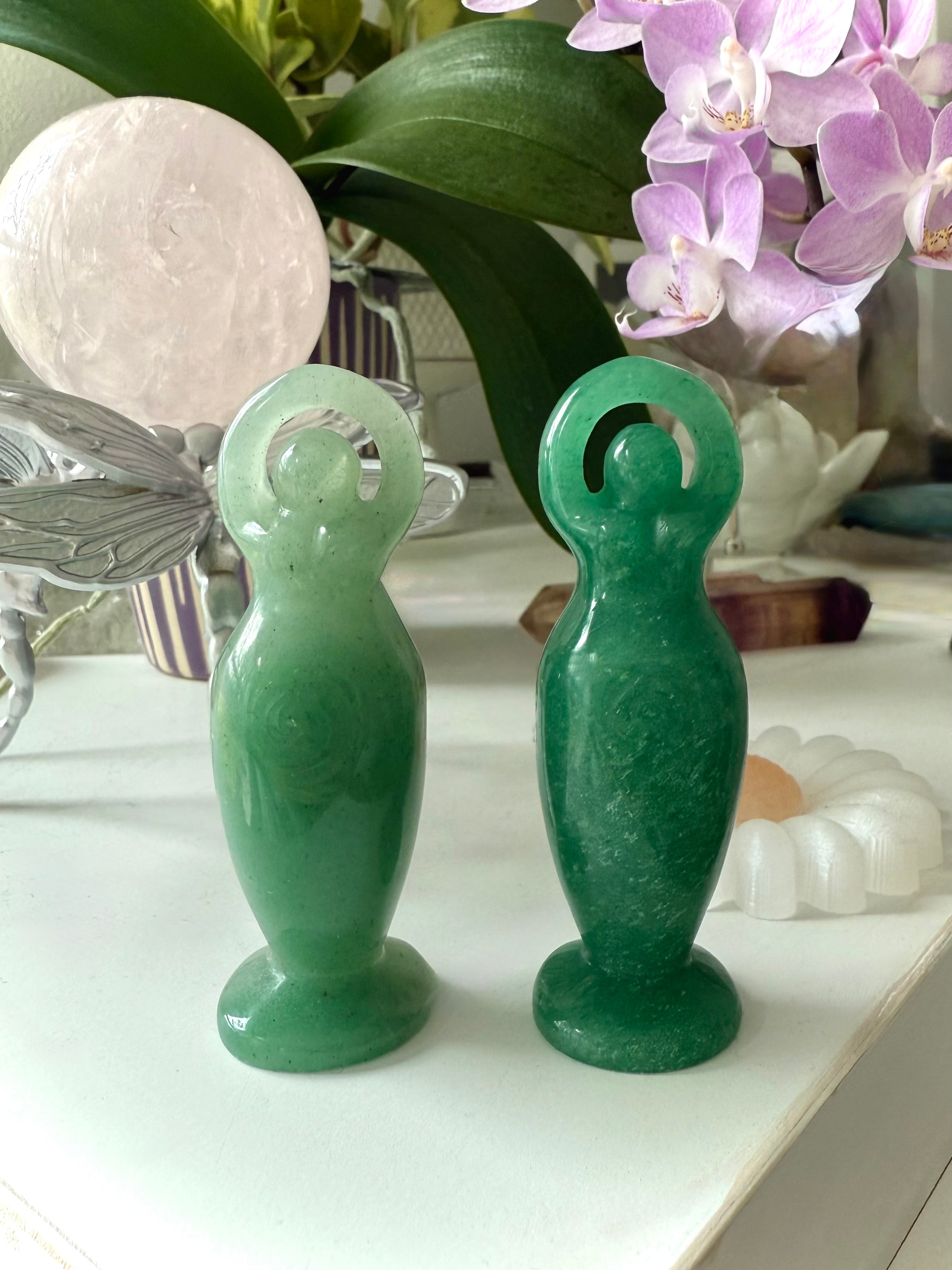 Green Aventurine Crystal Goddess Figurines, a Heart Chakra stone of joy, luck + abundance