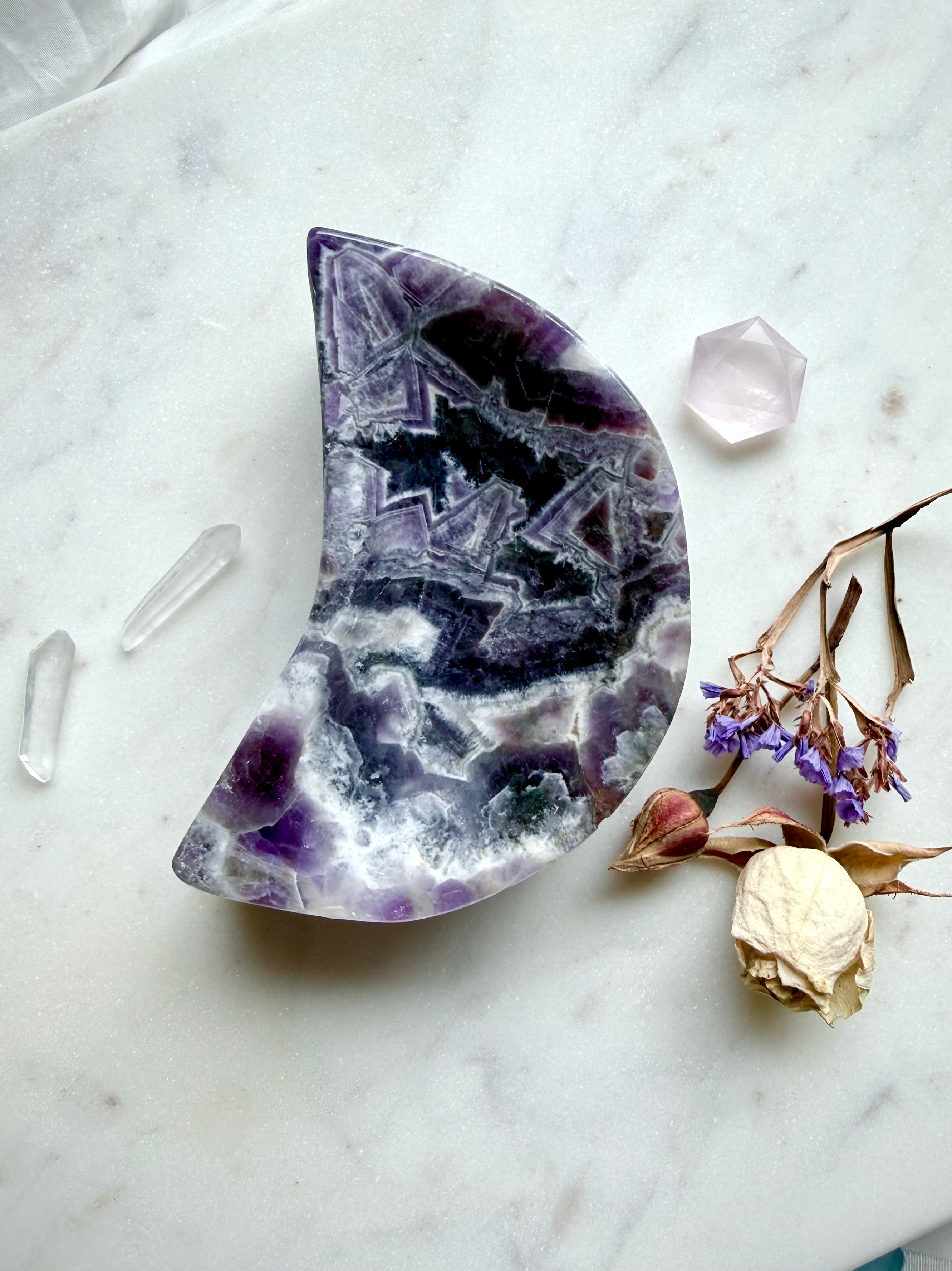 Dream Amethyst moon bowl with chevron banding, purple crystal crescent dish for altar decor and energy work