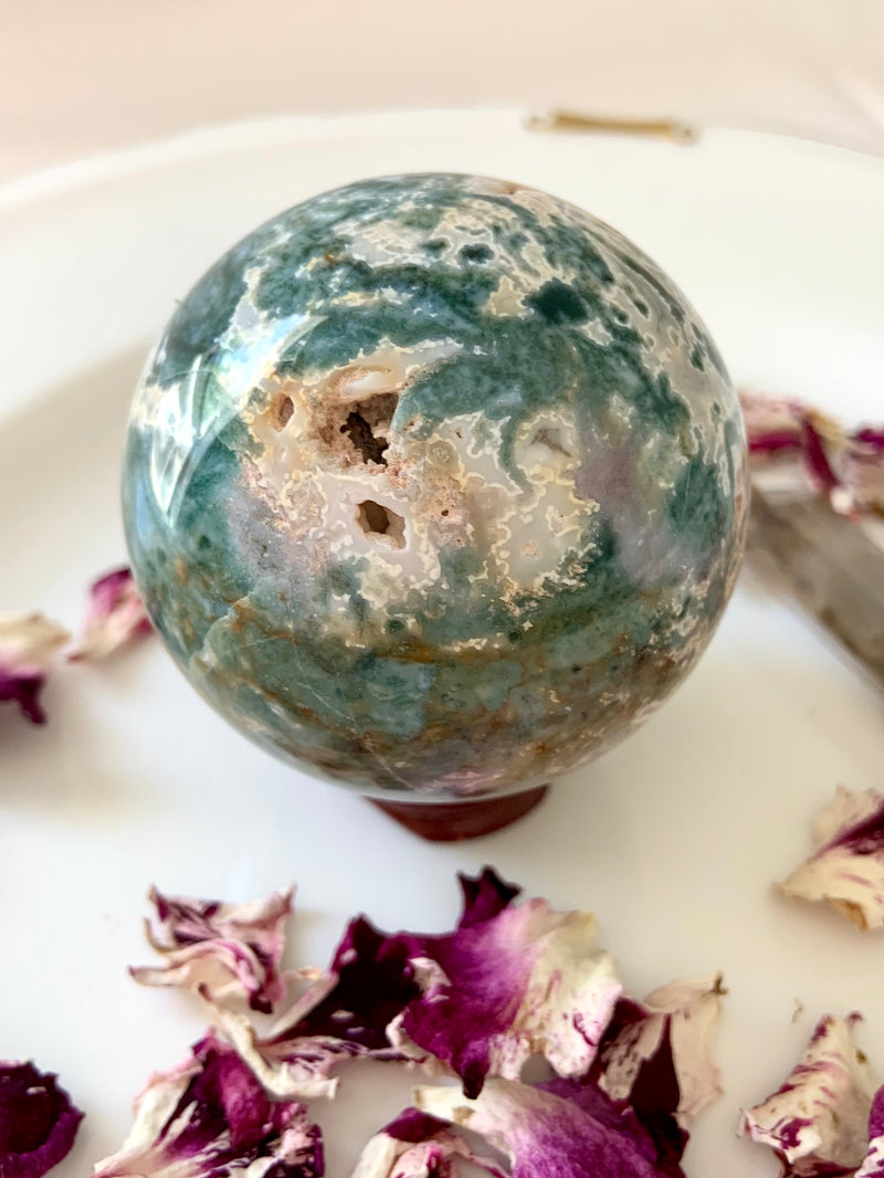 Moss Agate Sphere with Druzy