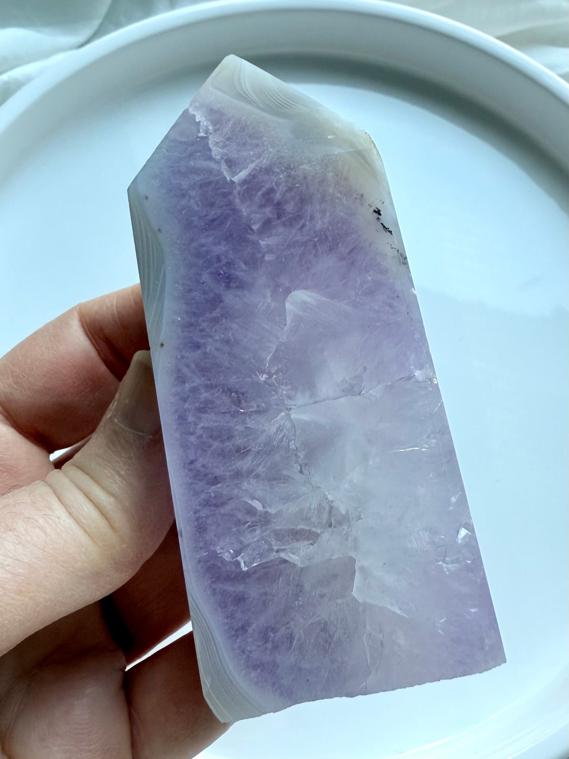 Amethyst Geode Tower standing upright with chalcedony and white agate tip