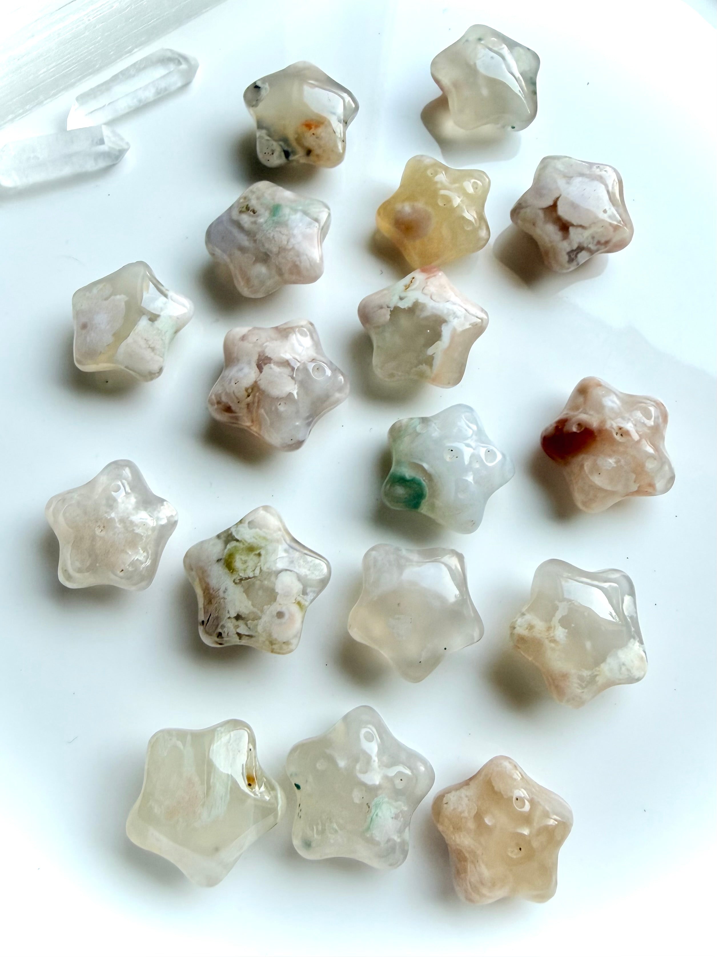 mini Flower Agate starfish carvings with soft floral plumes and pastel tones for emotional healing and growth