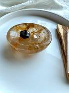 Small Golden Healer Quartz bowl with golden inclusions, polished crystal ring dish for altar decor and energy cleansing