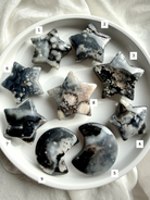 black flower agate moon and star carvings full set with numbered pieces for choose your own selection