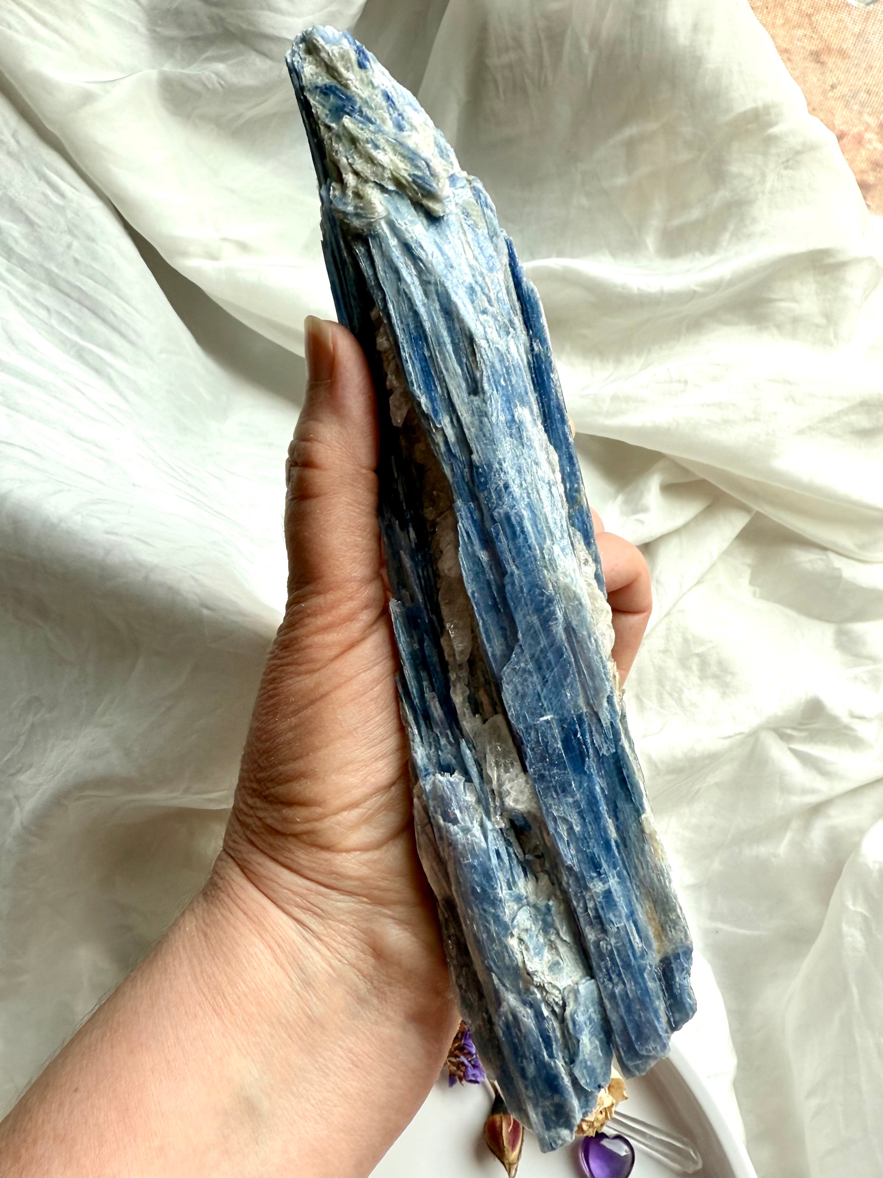 Blue kyanite crystal with quartz, muscovite + black tourmaline, one of a kind mineral specimen for spiritual protection + intuition