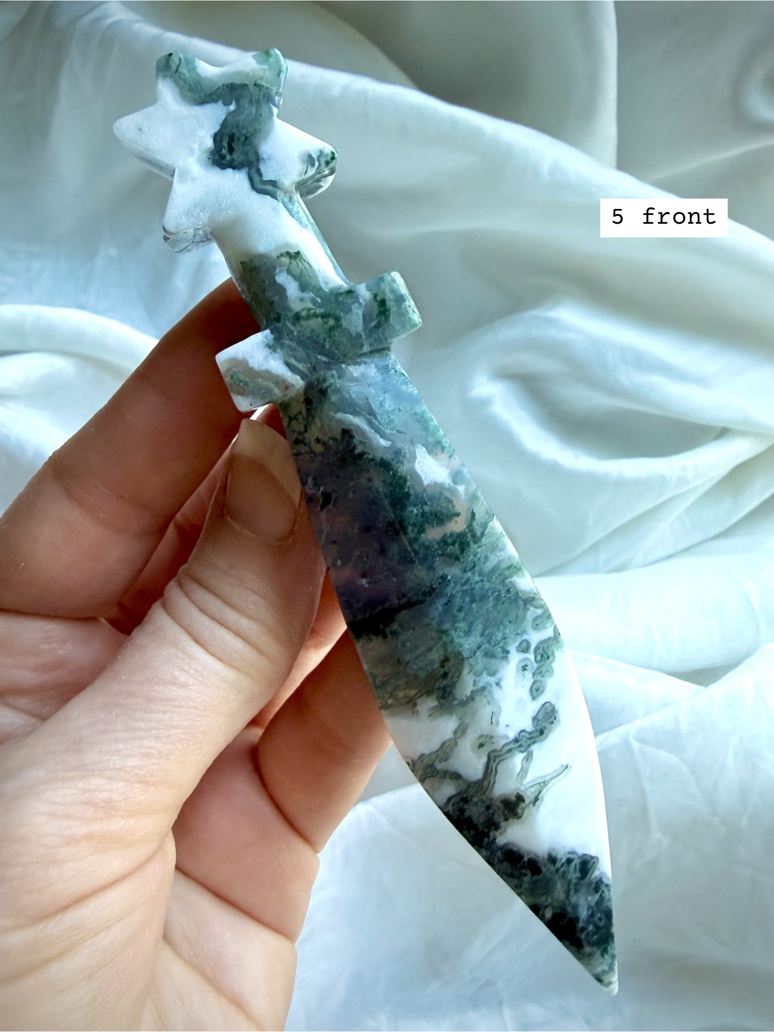 Moss Agate crystal star knife carving with natural green mossy inclusions and polished surface