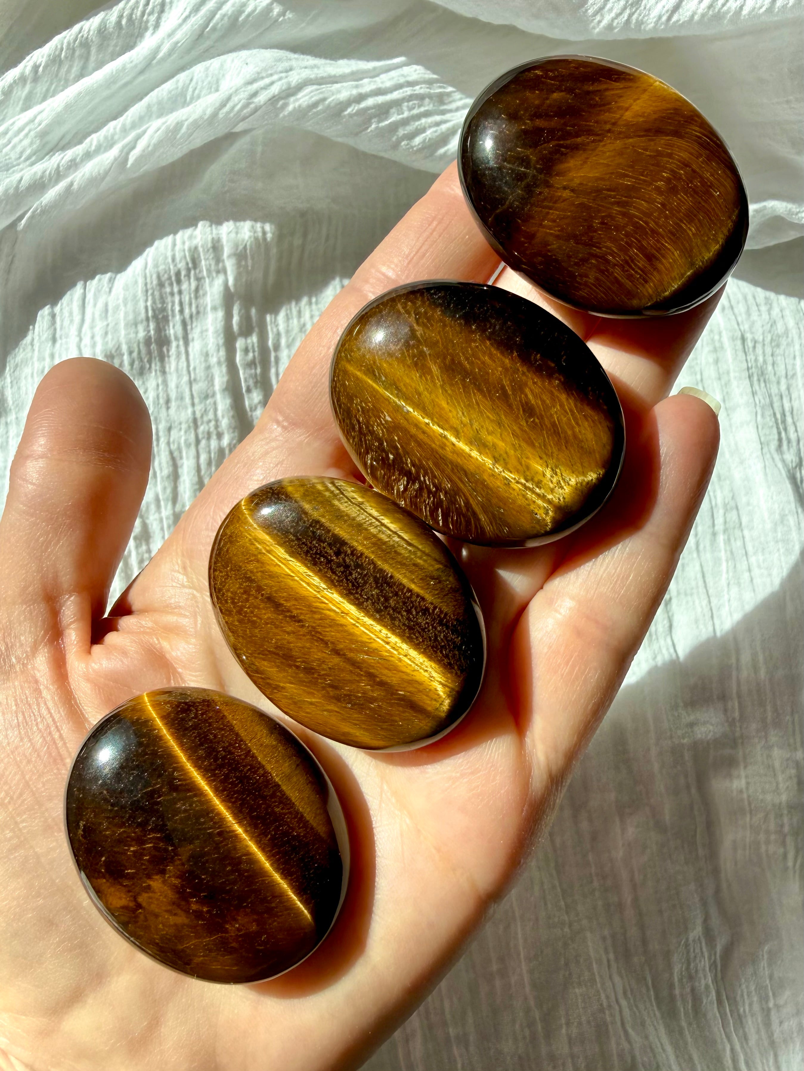 Hand holding multiple Golden Tiger’s Eye palm stones with warm honey, caramel, and deep brown tones