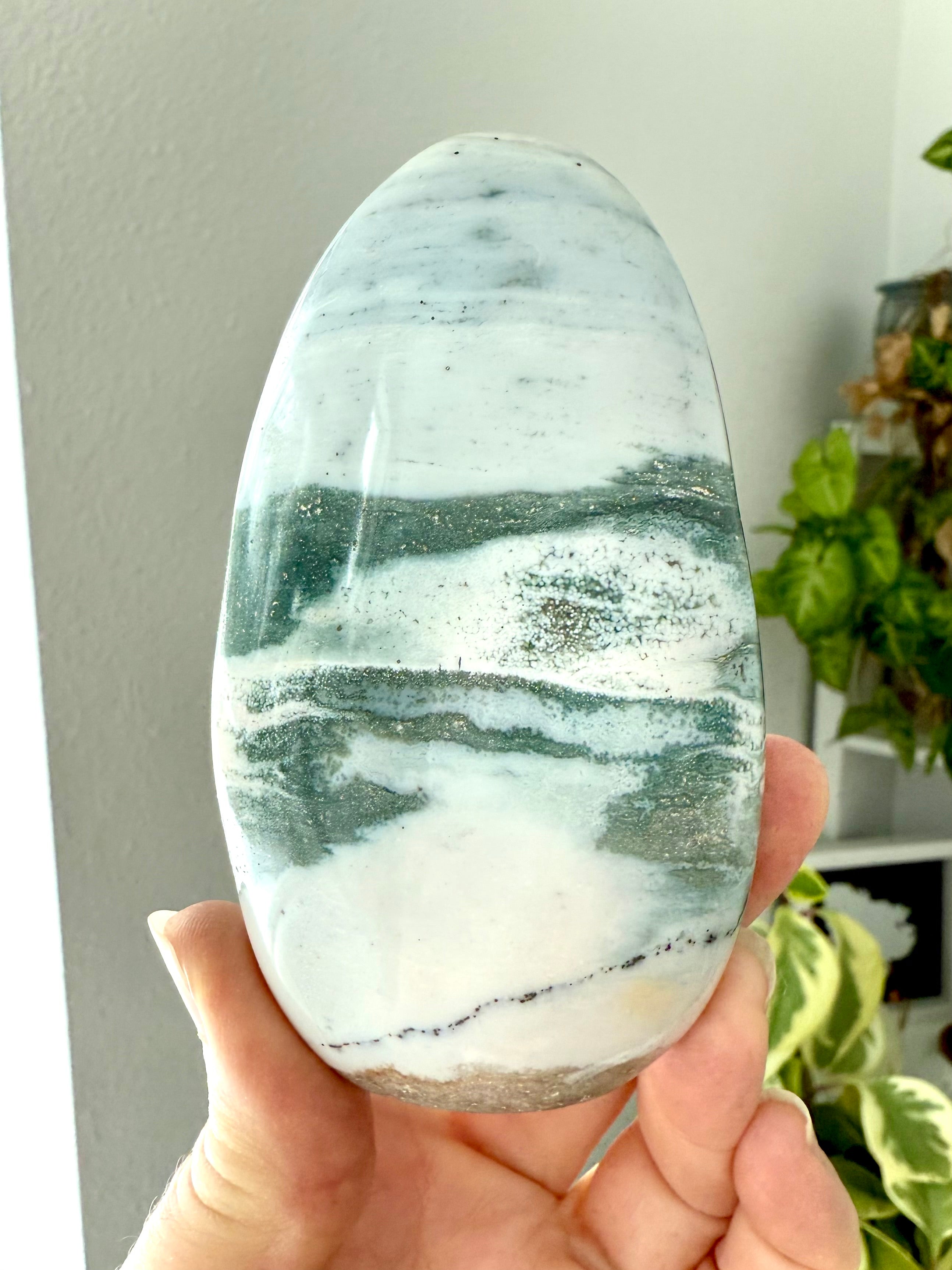 A rare Blue Ocean Jasper Freeform with druzy + swirling teal, green, bluish gray + white patterns