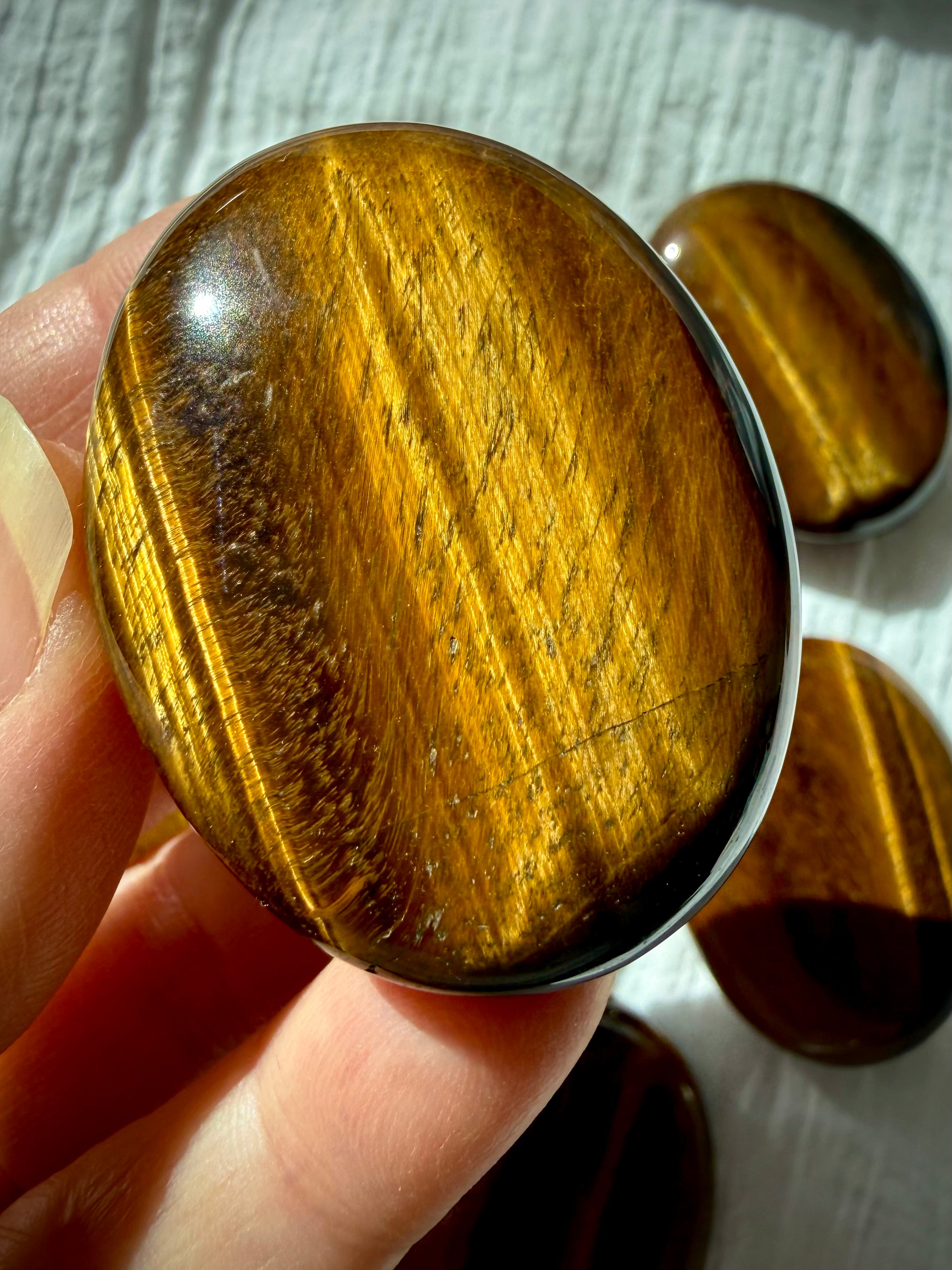 Closeup Tiger’s Eye palm stone with dramatic golden chatoyancy and polished oval shape