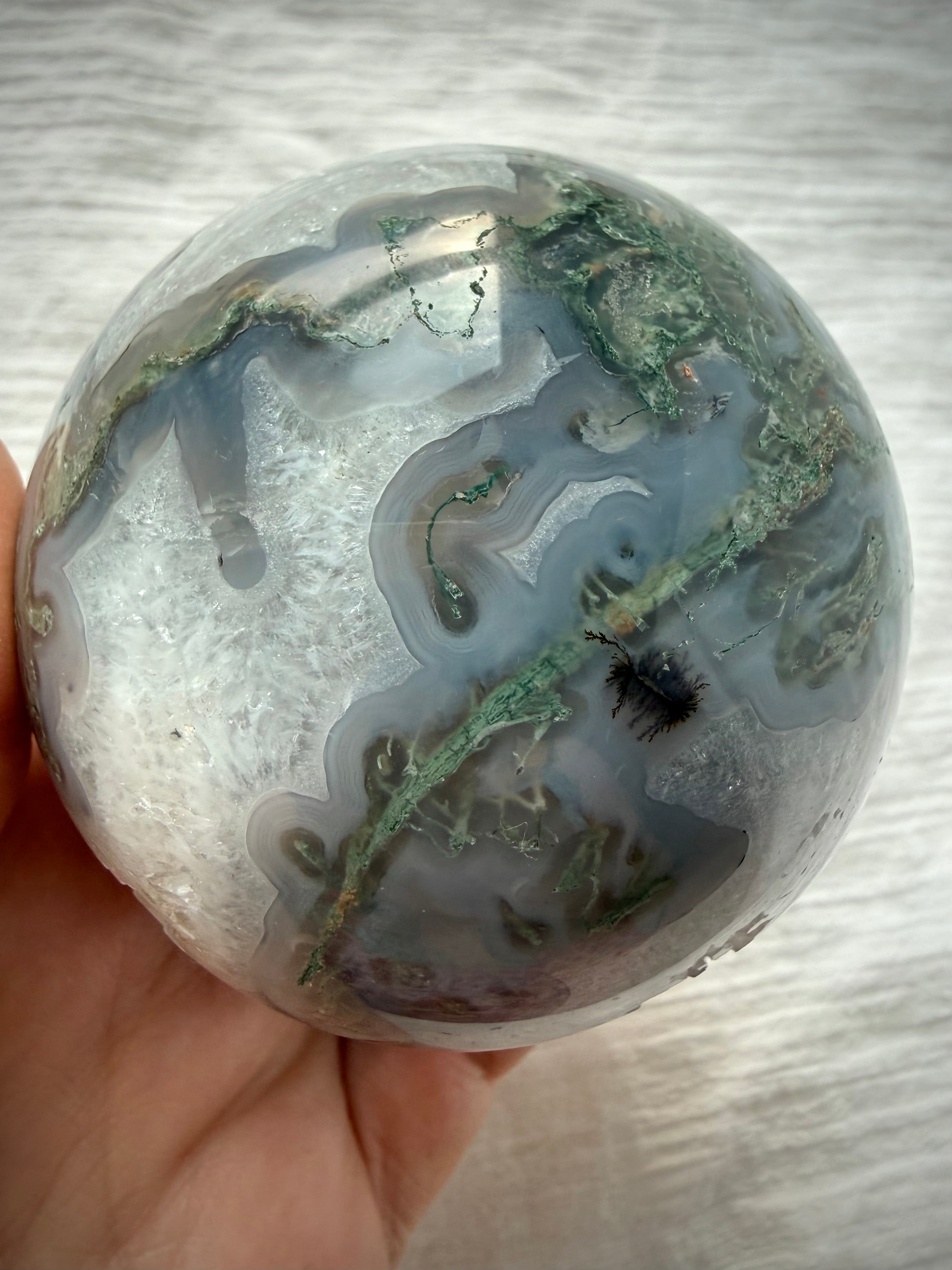Dendritic Moss Agate sphere with blue-gray chalcedony, forest green moss patterns and natural Quartz crystal inclusions