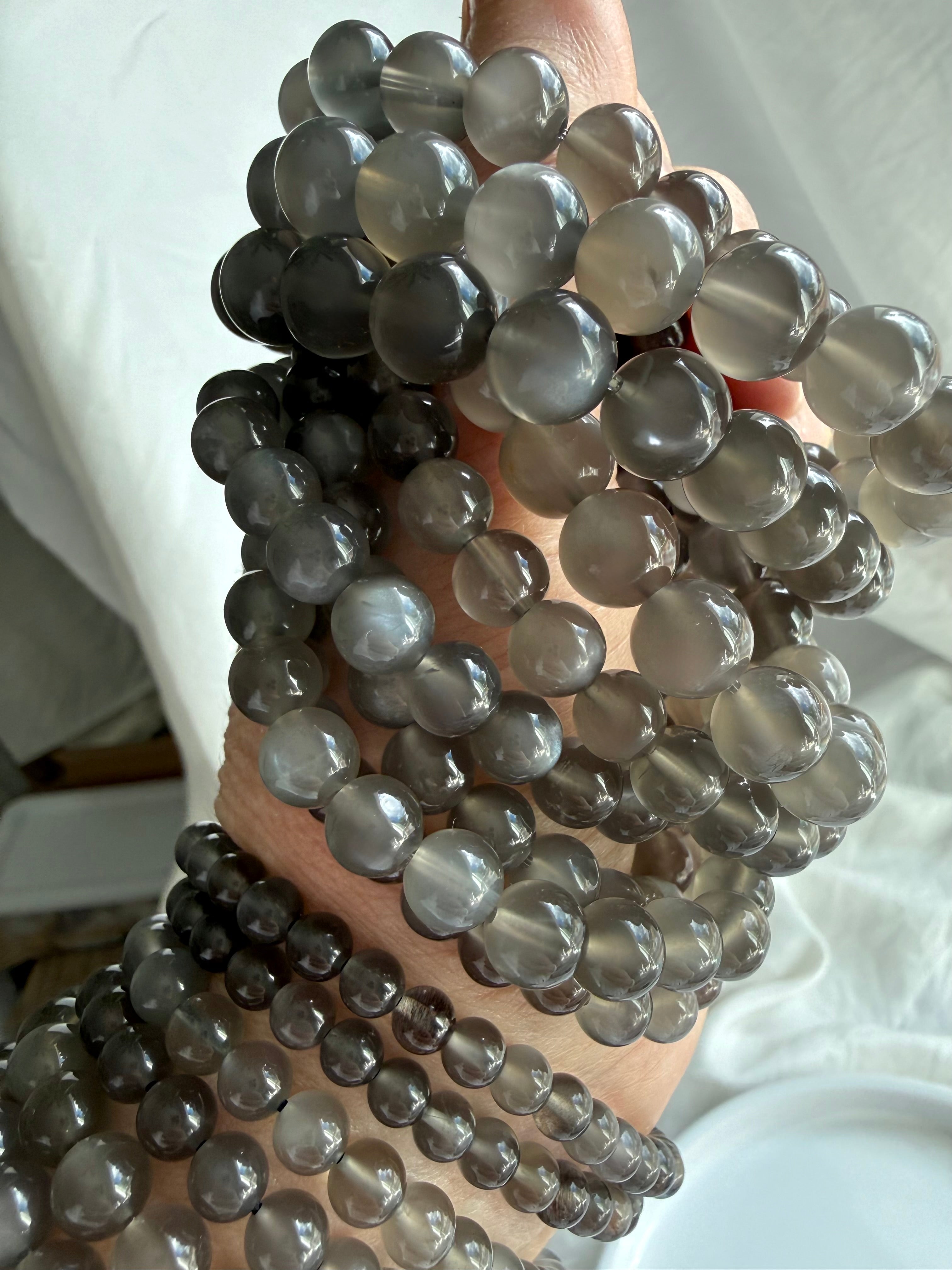 Large Black Moonstone bracelet with luminous adularescence and polished charcoal gray gemstone beads