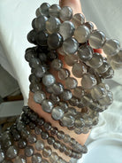 Large Black Moonstone bracelet with luminous adularescence and polished charcoal gray gemstone beads