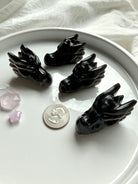 small silver sheen obsidian dragon carvings styled with a US quarter for scale, protective crystals for grounding and psychic protection