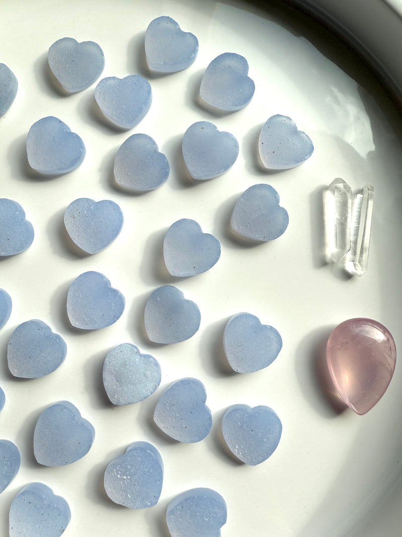 Mini sized Blue Chalcedony heart shaped crystals