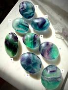 Rainbow Fluorite Palm Stones with numbered selection showing front and back of each unique crystal