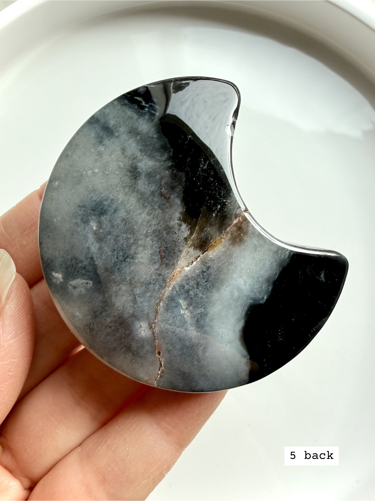 black flower agate moon carving #5 back showing natural agate variation and subtle bloom inclusions