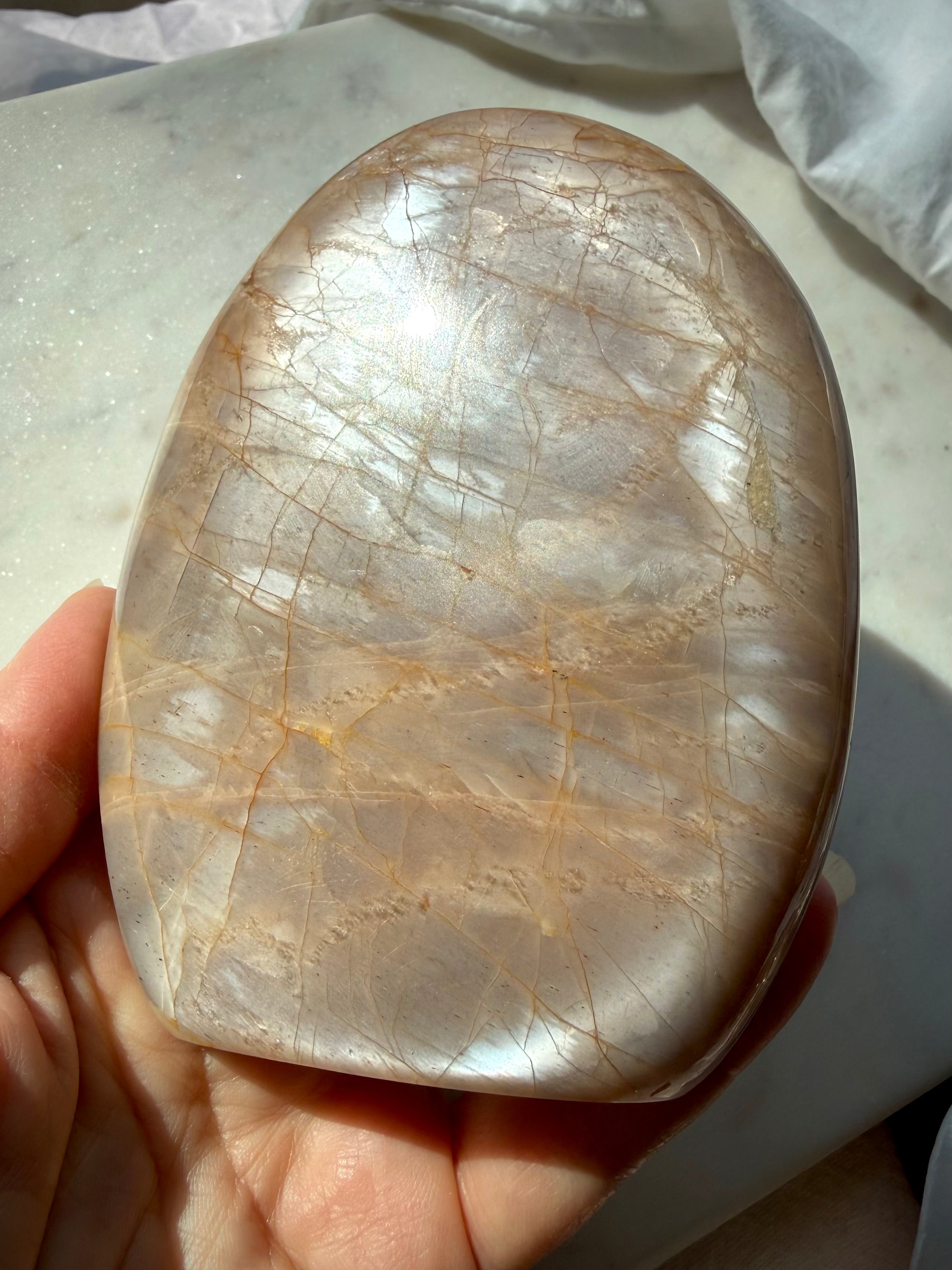 Natural Peach Moonstone freeform with silvery white shimmer, peach orange color and mineral patterns